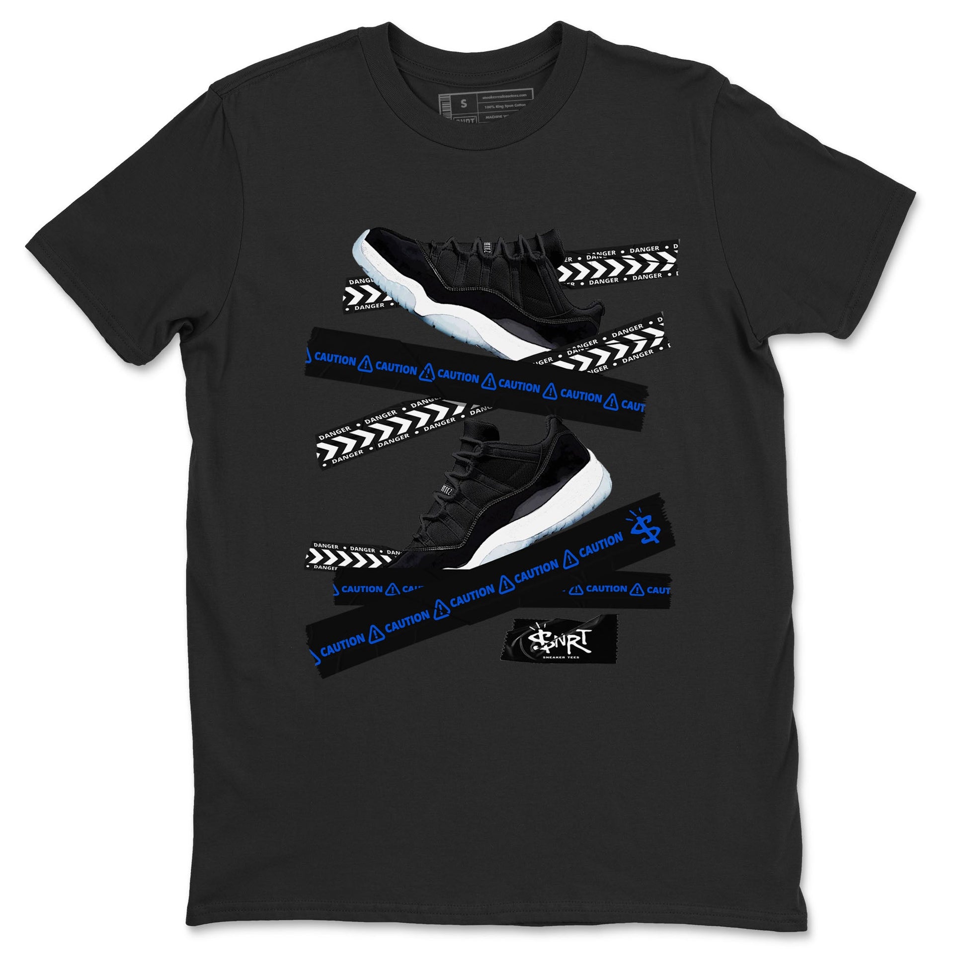 Air Jordan 11 Low Space shirt to match jordans Caution Tape sneaker tees Air Jordan 11 Black/Varsity Royal SNRT Sneaker Release Tees Streetwear unisex cotton Black 2 crew neck shirt