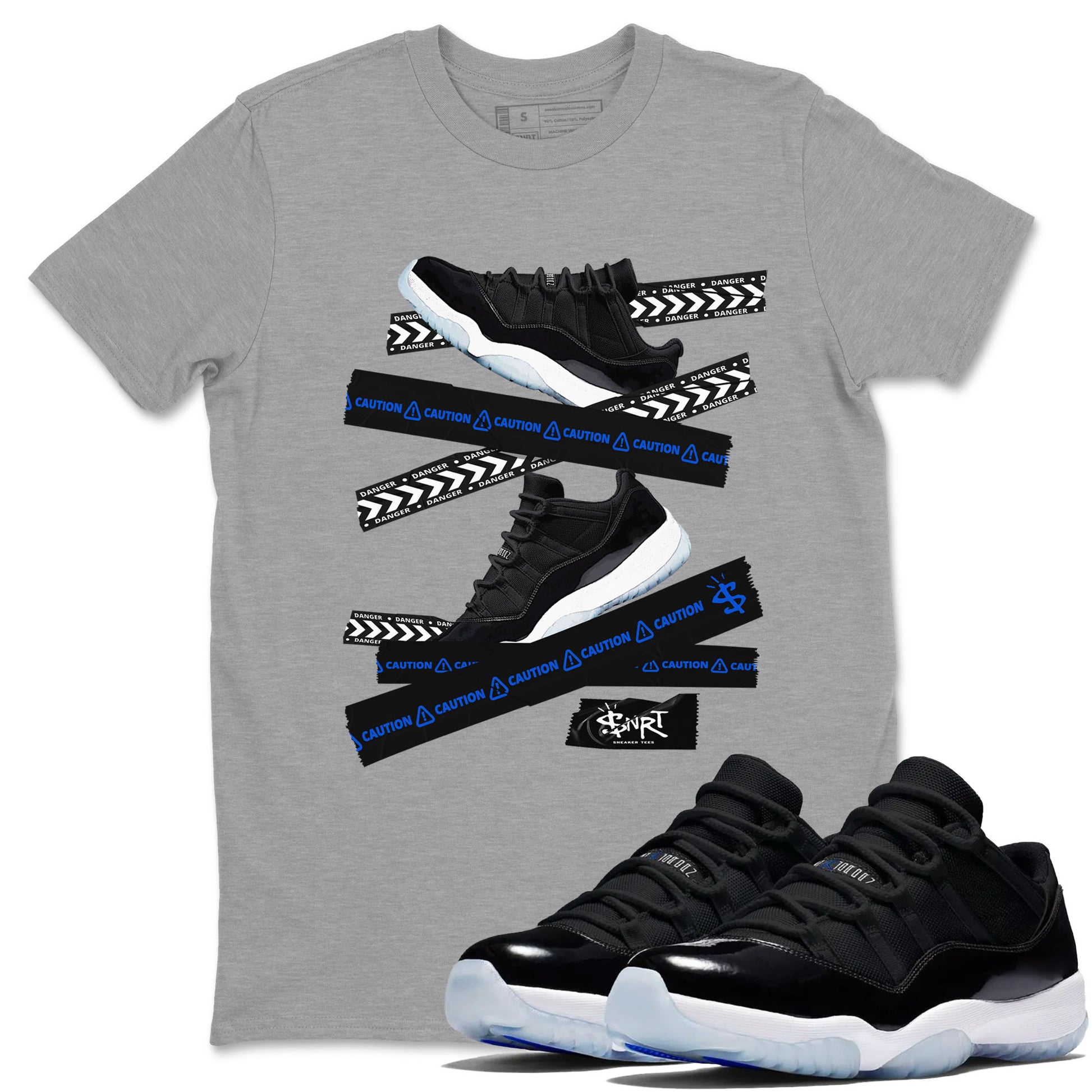 Air Jordan 11 Low Space shirt to match jordans Caution Tape sneaker tees Air Jordan 11 Black/Varsity Royal SNRT Sneaker Release Tees Streetwear unisex cotton Heather Grey 1 crew neck shirt