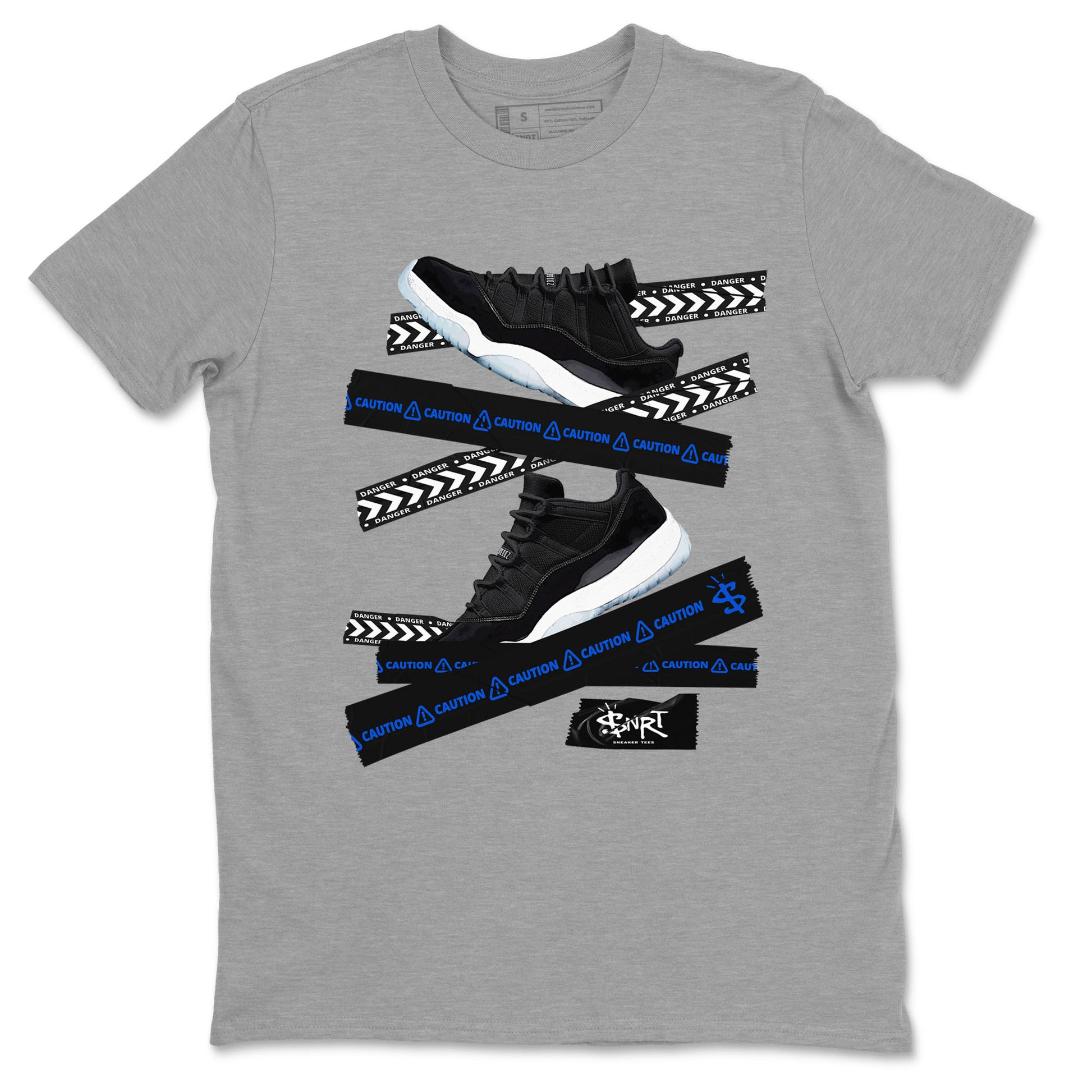Air Jordan 11 Low Space shirt to match jordans Caution Tape sneaker tees Air Jordan 11 Black/Varsity Royal SNRT Sneaker Release Tees Streetwear unisex cotton Heather Grey 2 crew neck shirt