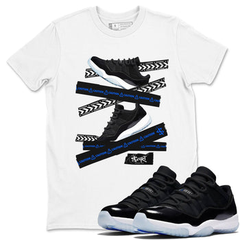 Air Jordan 11 Low Space shirt to match jordans Caution Tape sneaker tees Air Jordan 11 Black/Varsity Royal SNRT Sneaker Release Tees Streetwear unisex cotton White 1 crew neck shirt
