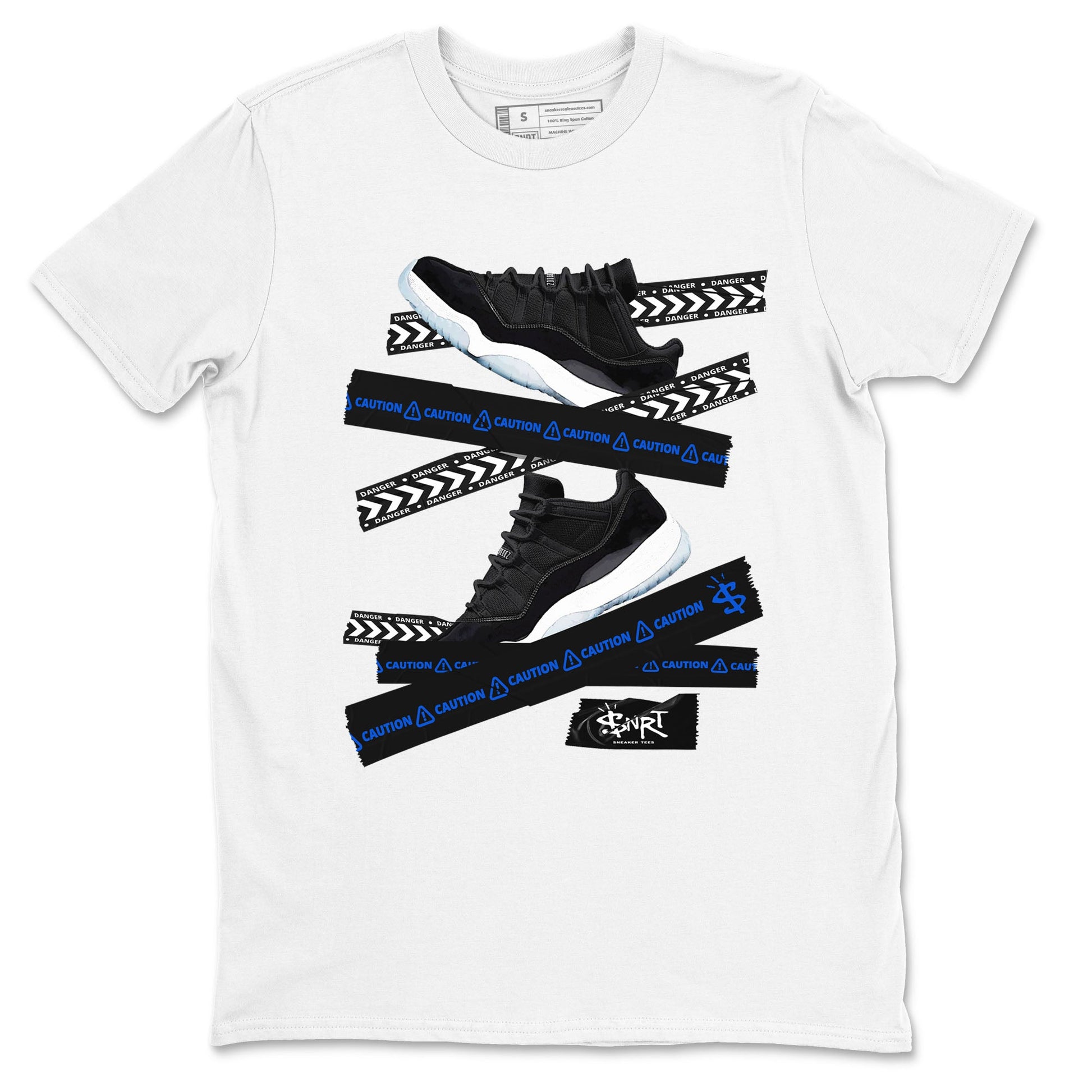 Air Jordan 11 Low Space shirt to match jordans Caution Tape sneaker tees Air Jordan 11 Black/Varsity Royal SNRT Sneaker Release Tees Streetwear unisex cotton White 2 crew neck shirt