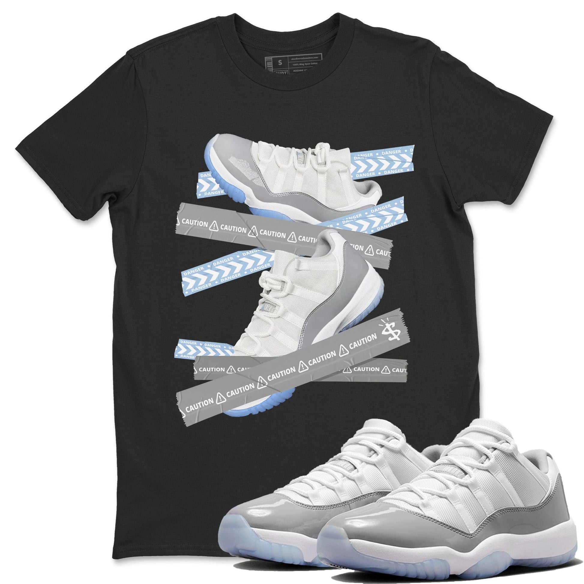 Air Jordan 11 White Cement Sneaker Match Tees Caution Tape Sneaker Tees Air Jordan 11 Cement Grey Sneaker Release Tees Unisex Shirts Black 1