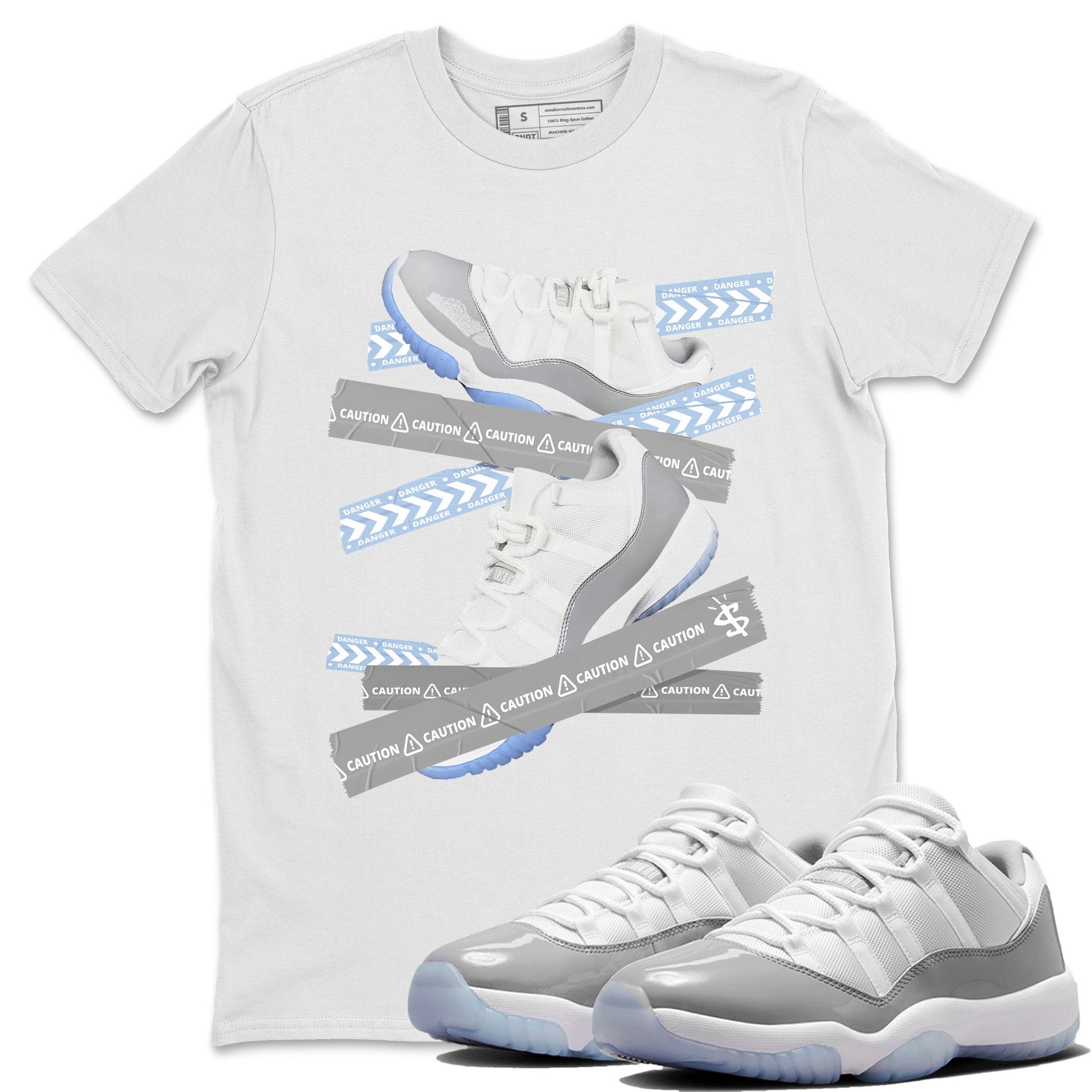 Air Jordan 11 White Cement Sneaker Match Tees Caution Tape Sneaker Tees Air Jordan 11 Cement Grey Sneaker Release Tees Unisex Shirts White 1