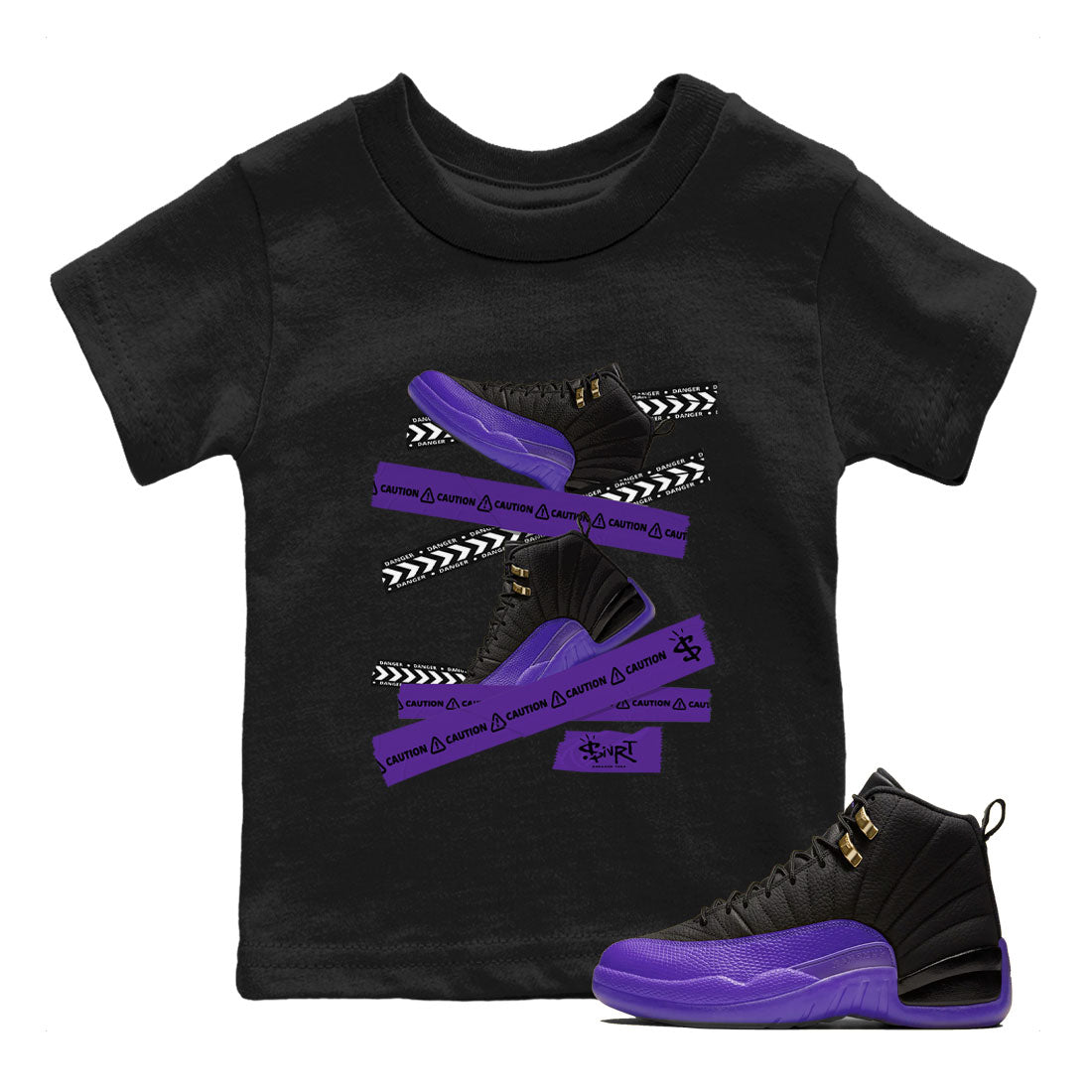 AJ12 Field Purple Sneaker Match Tees Caution Tape Sneaker Tees Air Jordan 12 Field Purple SNRT Sneaker Release Tees Kids Shirts Black 1