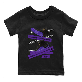 AJ12 Field Purple Sneaker Match Tees Caution Tape Sneaker Tees Air Jordan 12 Field Purple SNRT Sneaker Release Tees Kids Shirts Black 2