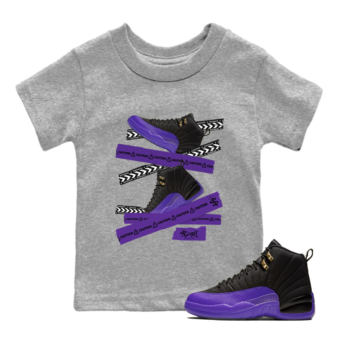 AJ12 Field Purple Sneaker Match Tees Caution Tape Sneaker Tees Air Jordan 12 Field Purple SNRT Sneaker Release Tees Kids Shirts Heather Grey 1