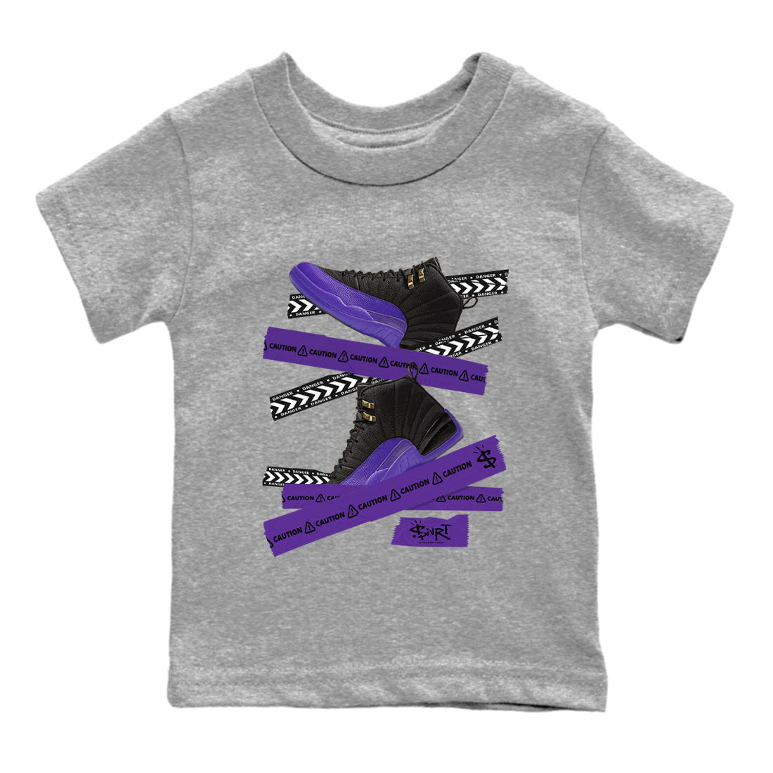 AJ12 Field Purple Sneaker Match Tees Caution Tape Sneaker Tees Air Jordan 12 Field Purple SNRT Sneaker Release Tees Kids Shirts Heather Grey 2