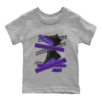 AJ12 Field Purple Sneaker Match Tees Caution Tape Sneaker Tees Air Jordan 12 Field Purple SNRT Sneaker Release Tees Kids Shirts Heather Grey 2