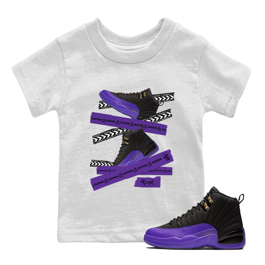 AJ12 Field Purple Sneaker Match Tees Caution Tape Sneaker Tees Air Jordan 12 Field Purple SNRT Sneaker Release Tees Kids Shirts White 1