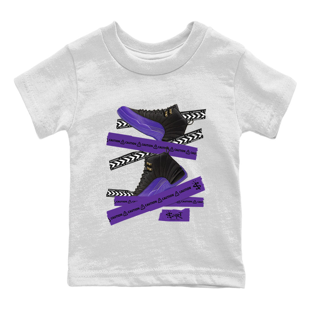AJ12 Field Purple Sneaker Match Tees Caution Tape Sneaker Tees Air Jordan 12 Field Purple SNRT Sneaker Release Tees Kids Shirts White 2