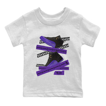 AJ12 Field Purple Sneaker Match Tees Caution Tape Sneaker Tees Air Jordan 12 Field Purple SNRT Sneaker Release Tees Kids Shirts White 2