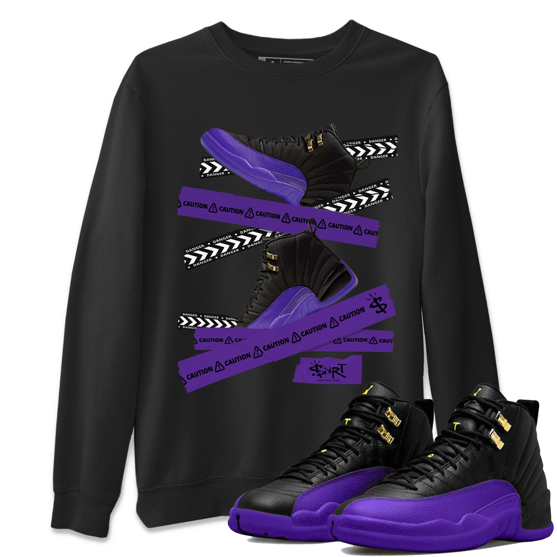 AJ12 Field Purple Sneaker Match Tees Caution Tape Sneaker Tees Air Jordan 12 Field Purple SNRT Sneaker Release Tees Unisex Shirts Black 1