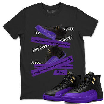 AJ12 Field Purple Sneaker Match Tees Caution Tape Sneaker Tees Air Jordan 12 Field Purple SNRT Sneaker Release Tees Unisex Shirts Black 1