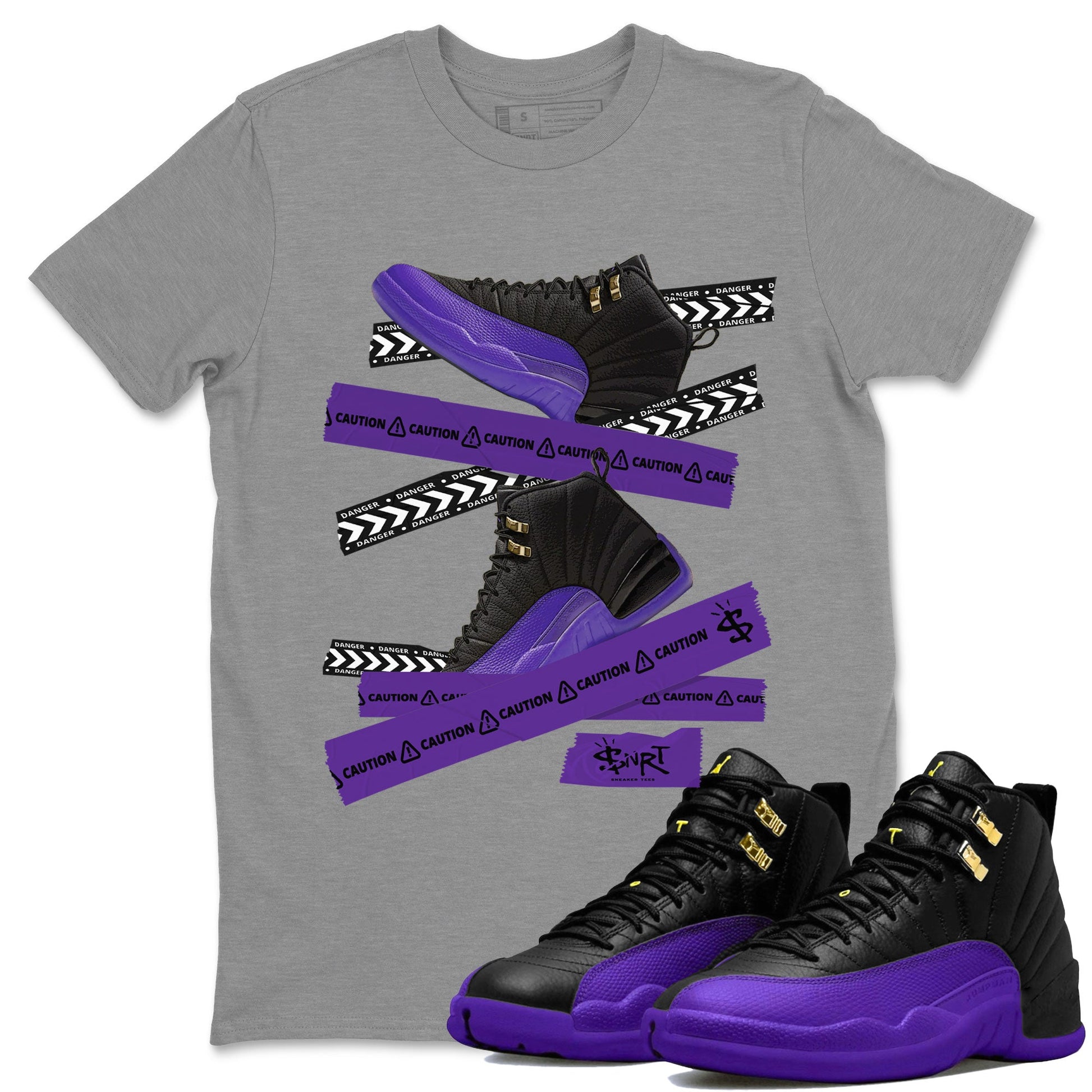 AJ12 Field Purple Sneaker Match Tees Caution Tape Sneaker Tees Air Jordan 12 Field Purple SNRT Sneaker Release Tees Unisex Shirts Heather Grey 1