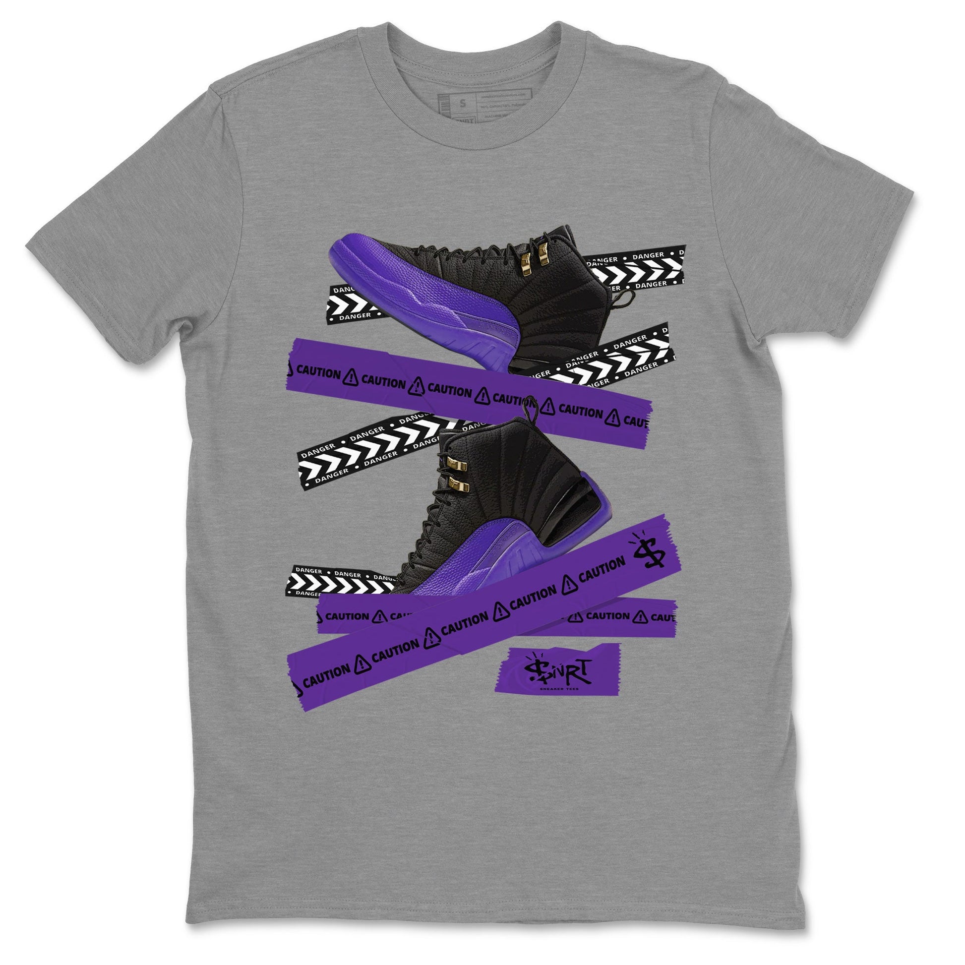 AJ12 Field Purple Sneaker Match Tees Caution Tape Sneaker Tees Air Jordan 12 Field Purple SNRT Sneaker Release Tees Unisex Shirts Heather Grey 2