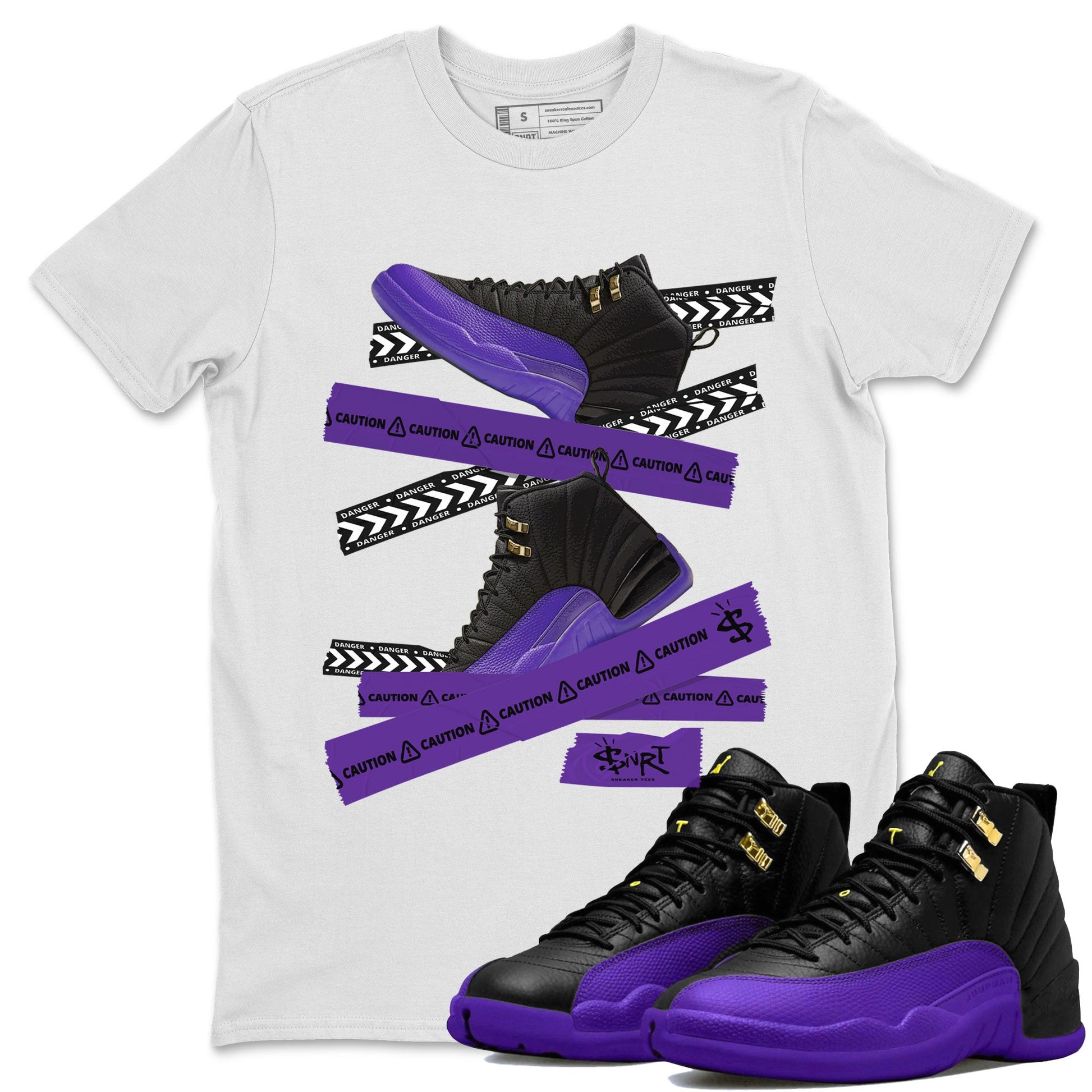 AJ12 Field Purple Sneaker Match Tees Caution Tape Sneaker Tees Air Jordan 12 Field Purple SNRT Sneaker Release Tees Unisex Shirts White 1