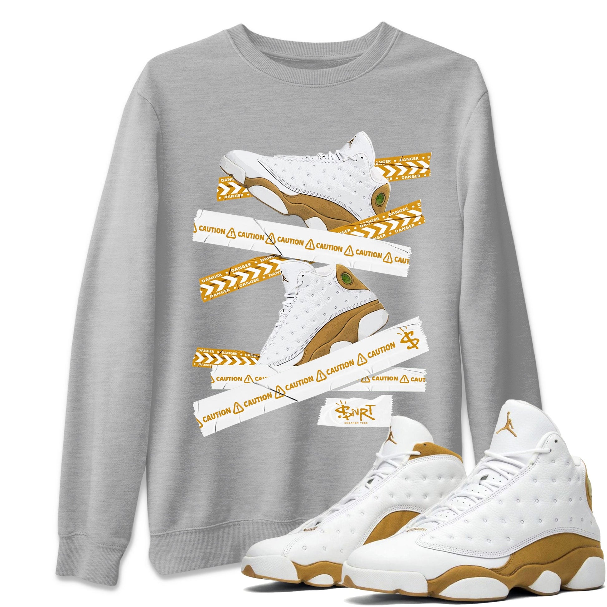 Air Jordan 13 Wheat shirt to match jordans Caution Tape sneaker tees 13 Wheat SNRT Sneaker Release Tees Unisex Heather Grey 1 T-Shirt