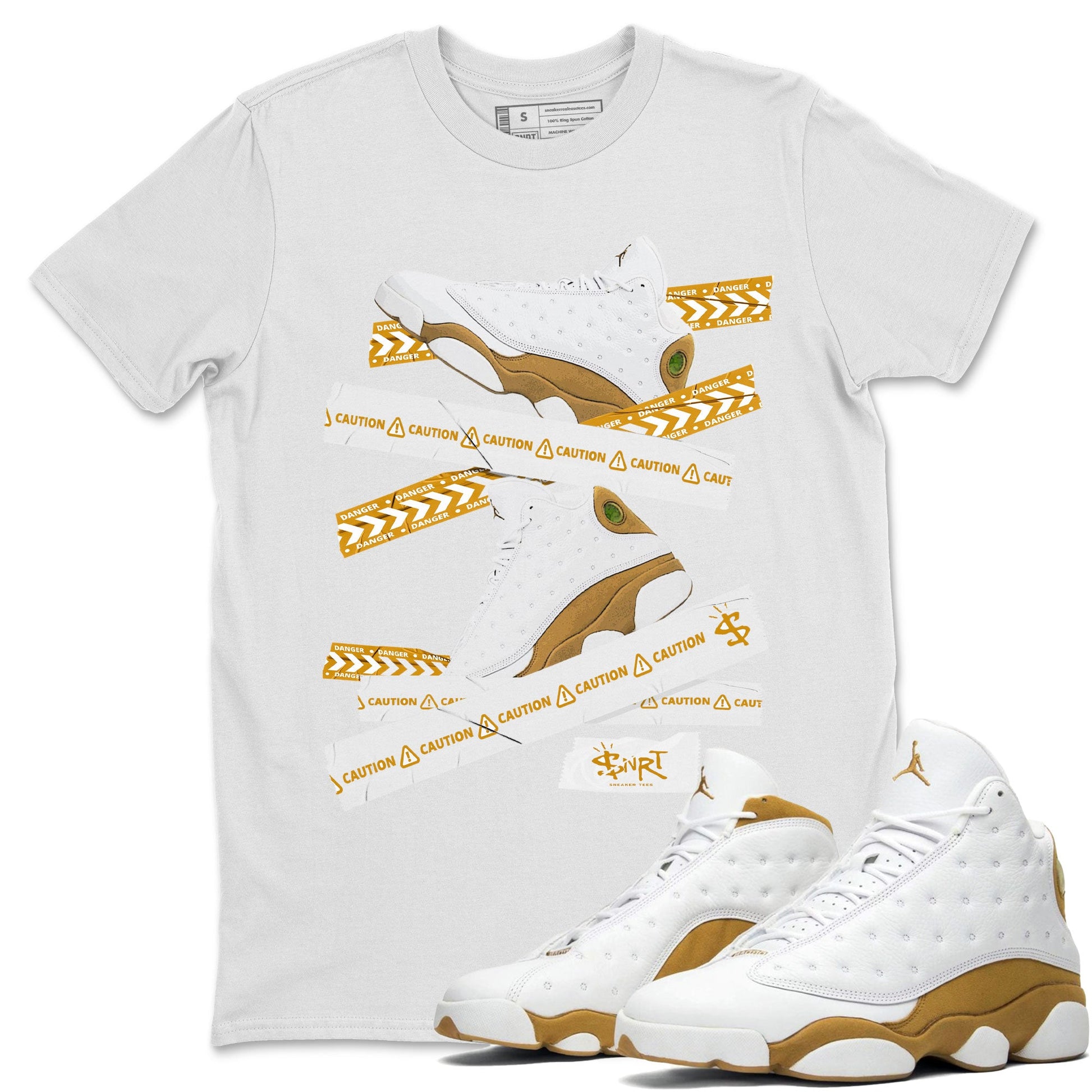 Air Jordan 13 Wheat shirt to match jordans Caution Tape sneaker tees 13 Wheat SNRT Sneaker Release Tees Unisex White 1 T-Shirt