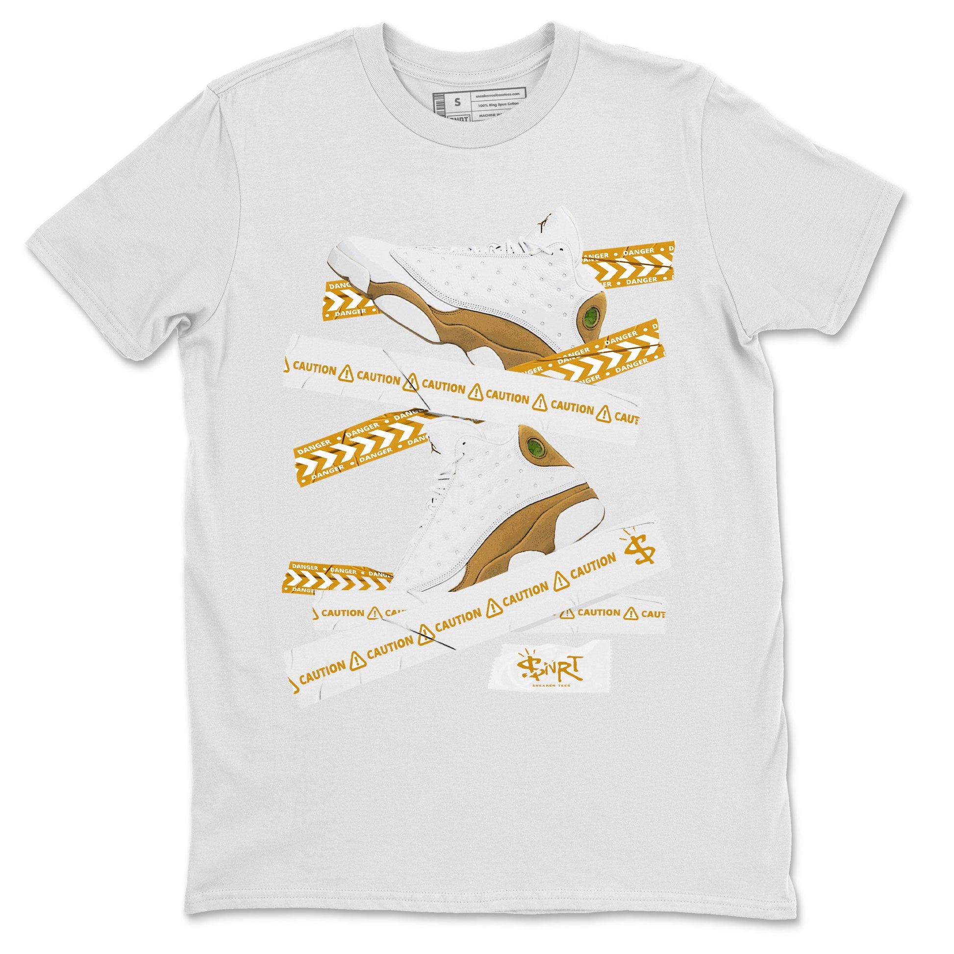 Air Jordan 13 Wheat shirt to match jordans Caution Tape sneaker tees 13 Wheat SNRT Sneaker Release Tees Unisex White 2 T-Shirt