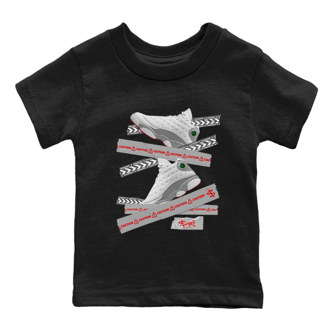 Air Jordan 13 Wolf Grey Sneaker Match Tees Caution Tape Sneaker Tees 13s Wolf Grey Sneaker Release Tees Kids Shirts Black 2