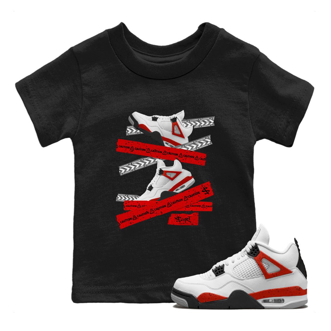Jordan 4 Red Cement Tees Outfits Caution Tape Sneaker Tees Air Jordan 4 Red Cement Sneaker Release Tees Kids Shirts Black 1