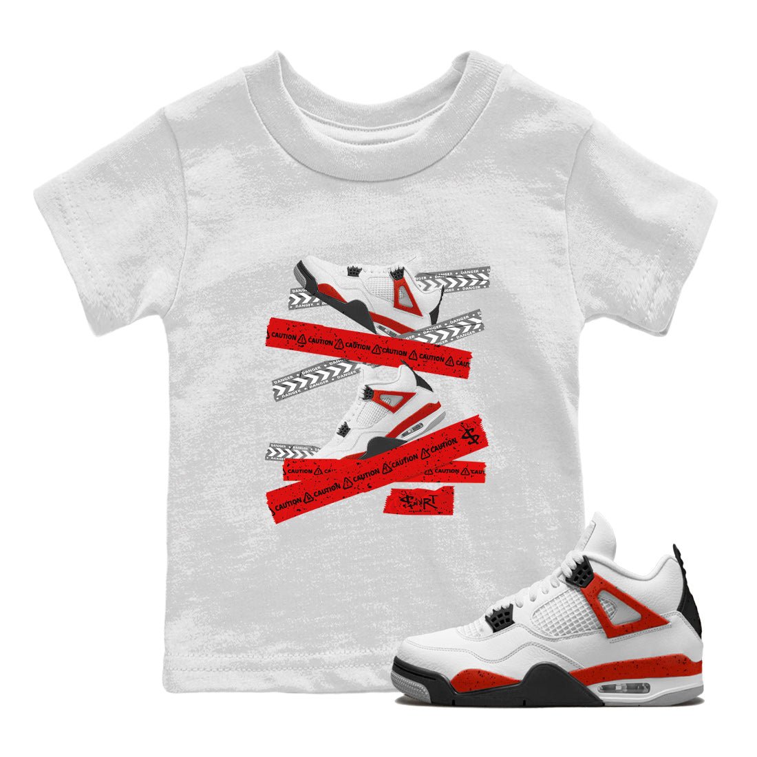 Jordan 4 Red Cement Tees Outfits Caution Tape Sneaker Tees Air Jordan 4 Red Cement Sneaker Release Tees Kids Shirts White 1