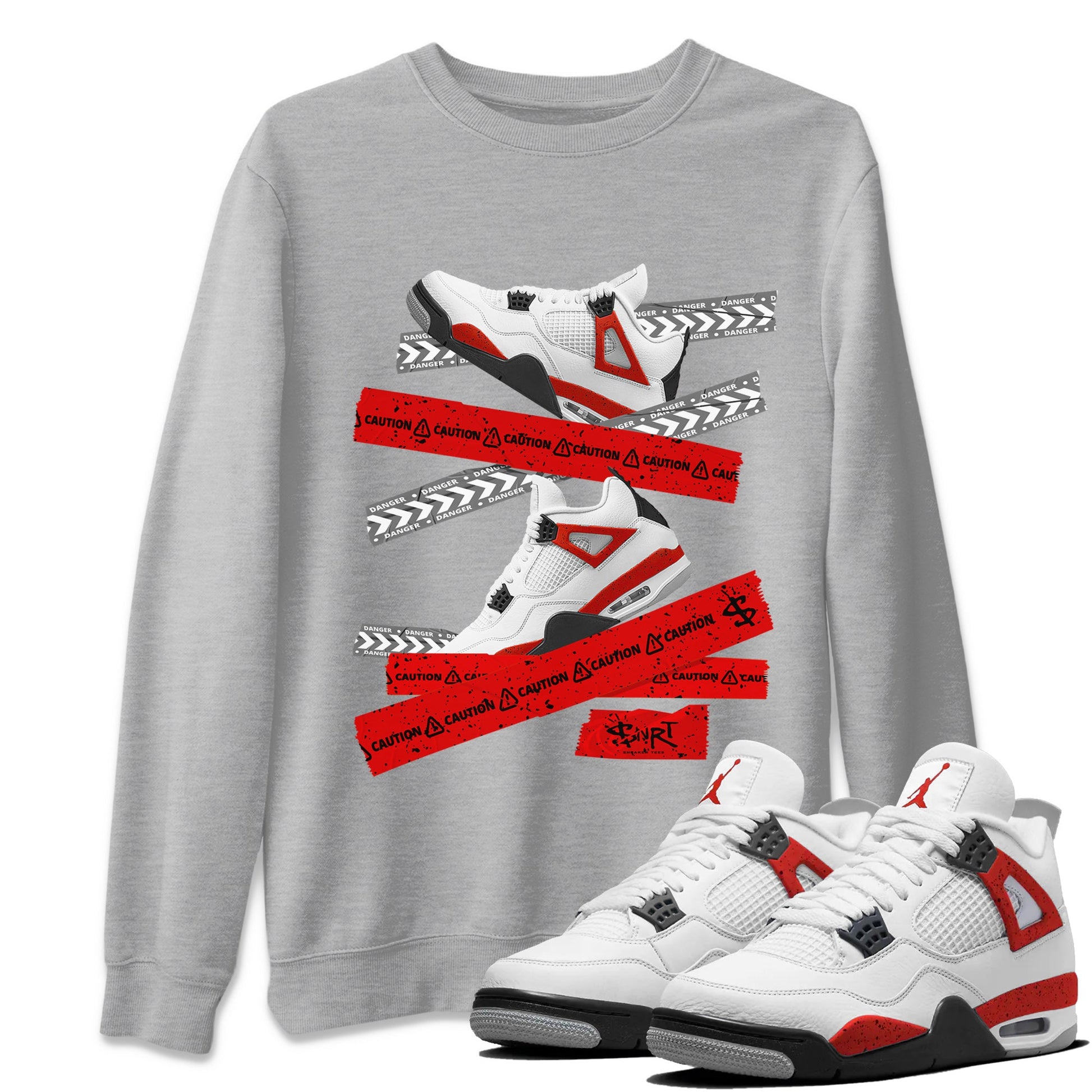 Jordan 4 Red Cement Tees Outfits Caution Tape Sneaker Tees Air Jordan 4 Red Cement Sneaker Release Tees Unisex Shirts Heather Grey 1