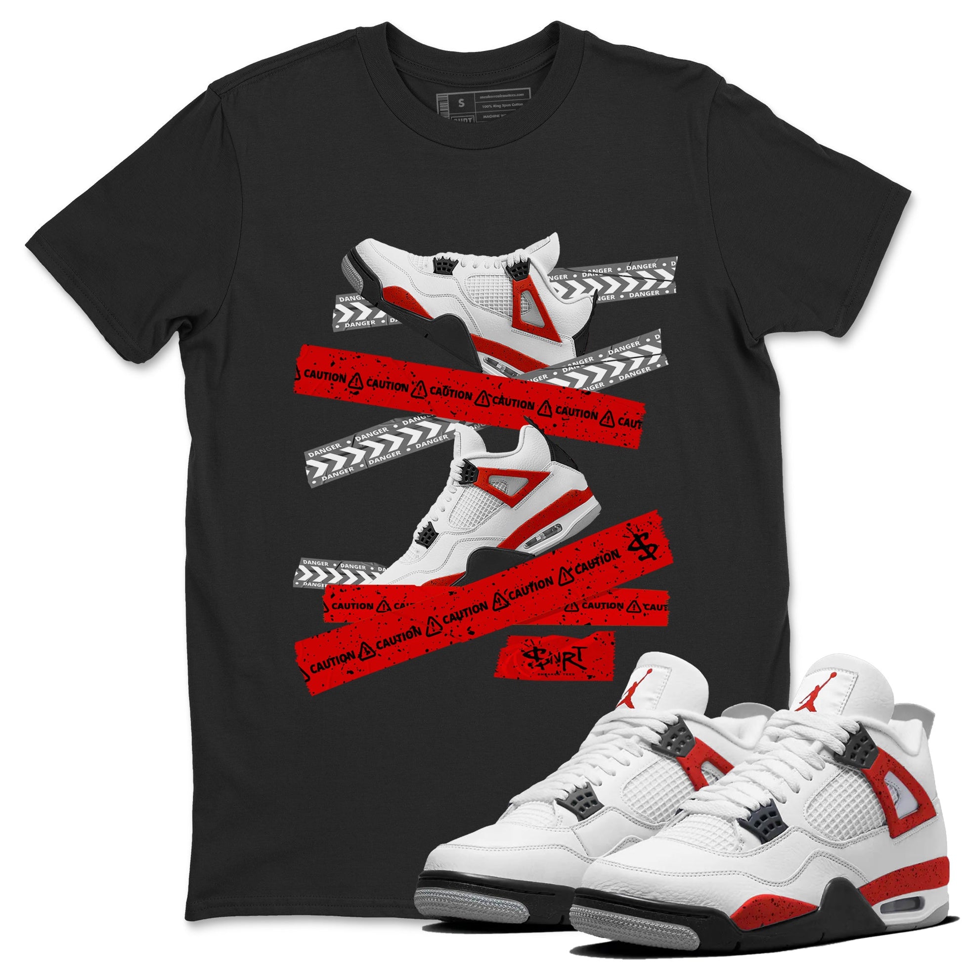 Jordan 4 Red Cement Tees Outfits Caution Tape Sneaker Tees Air Jordan 4 Red Cement Sneaker Release Tees Unisex Shirts Black 1