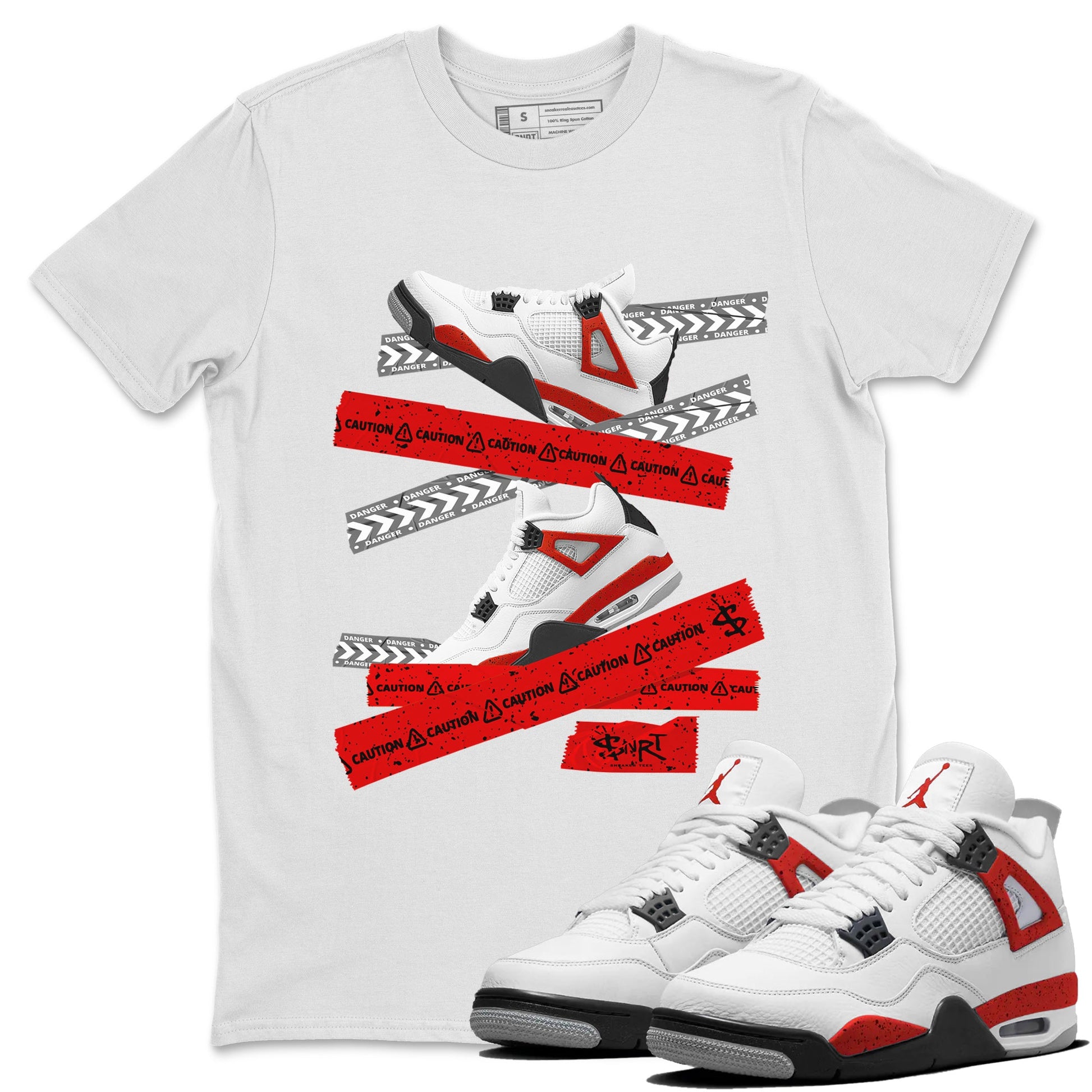 Jordan 4 Red Cement Tees Outfits Caution Tape Sneaker Tees Air Jordan 4 Red Cement Sneaker Release Tees Unisex Shirts White 1
