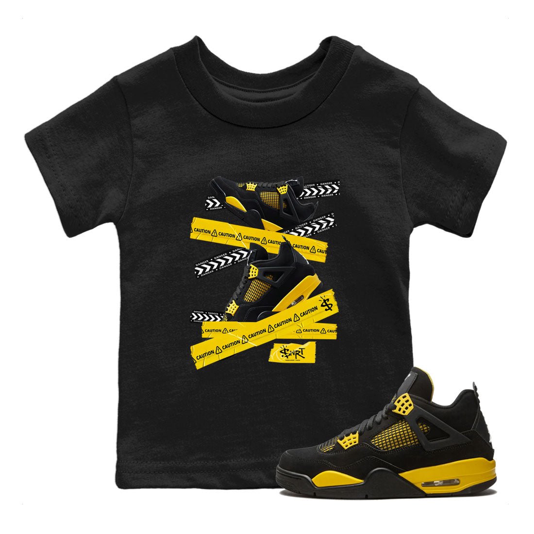 Air Jordan 4 Thunder Sneaker Match Tees Caution Tape Sneaker Tees Air Jordan 4 Retro Thunder Tee Kids Shirts Black 1