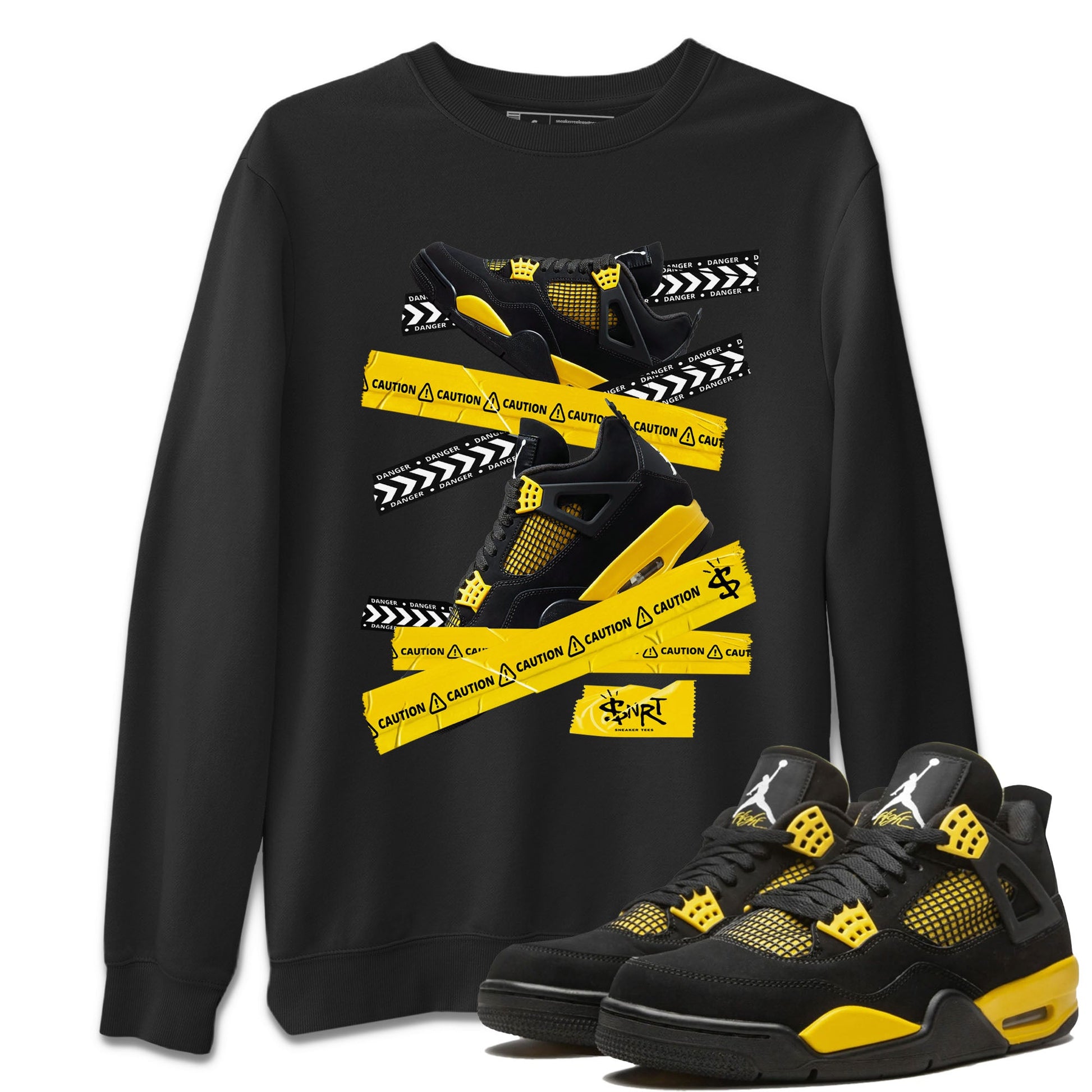 Air Jordan 4 Thunder Sneaker Match Tees Caution Tape Sneaker Tees Air Jordan 4 Retro Thunder Tee Unisex Shirts Black 1
