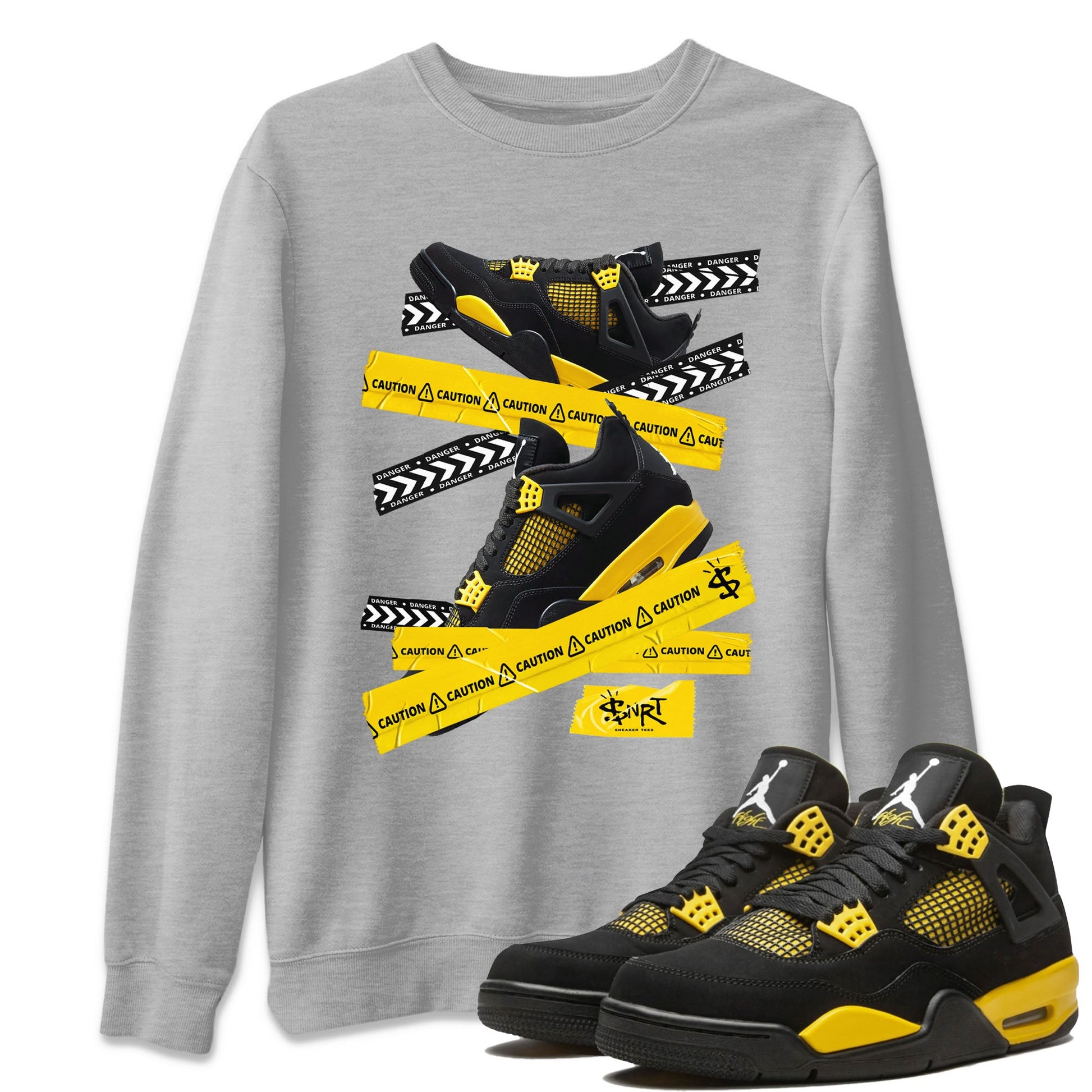 Air Jordan 4 Thunder Sneaker Match Tees Caution Tape Sneaker Tees Air Jordan 4 Retro Thunder Tee Unisex Shirts Heather Grey 1