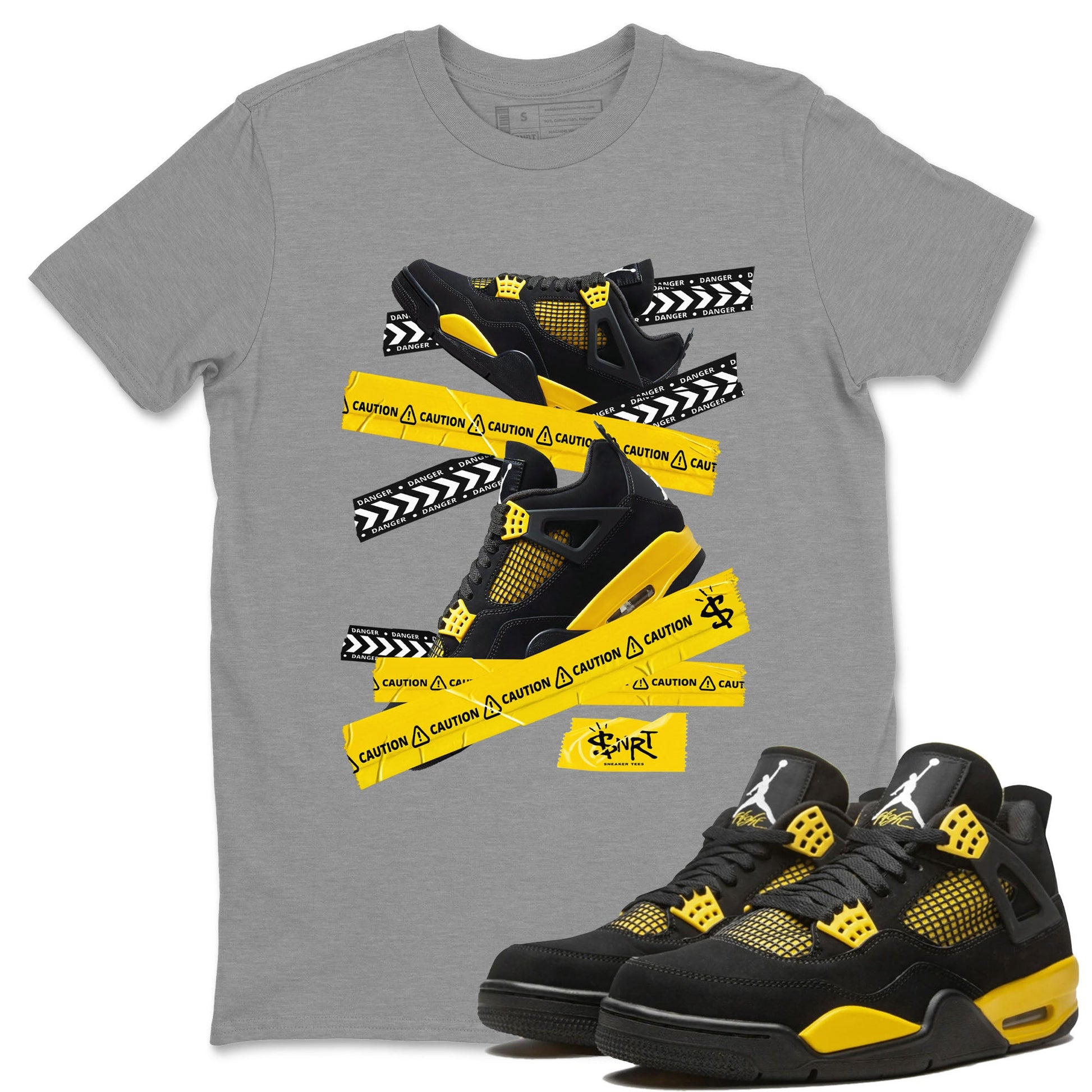 Air Jordan 4 Thunder Sneaker Match Tees Caution Tape Sneaker Tees Air Jordan 4 Retro Thunder Tee Unisex Shirts Heather Grey 1
