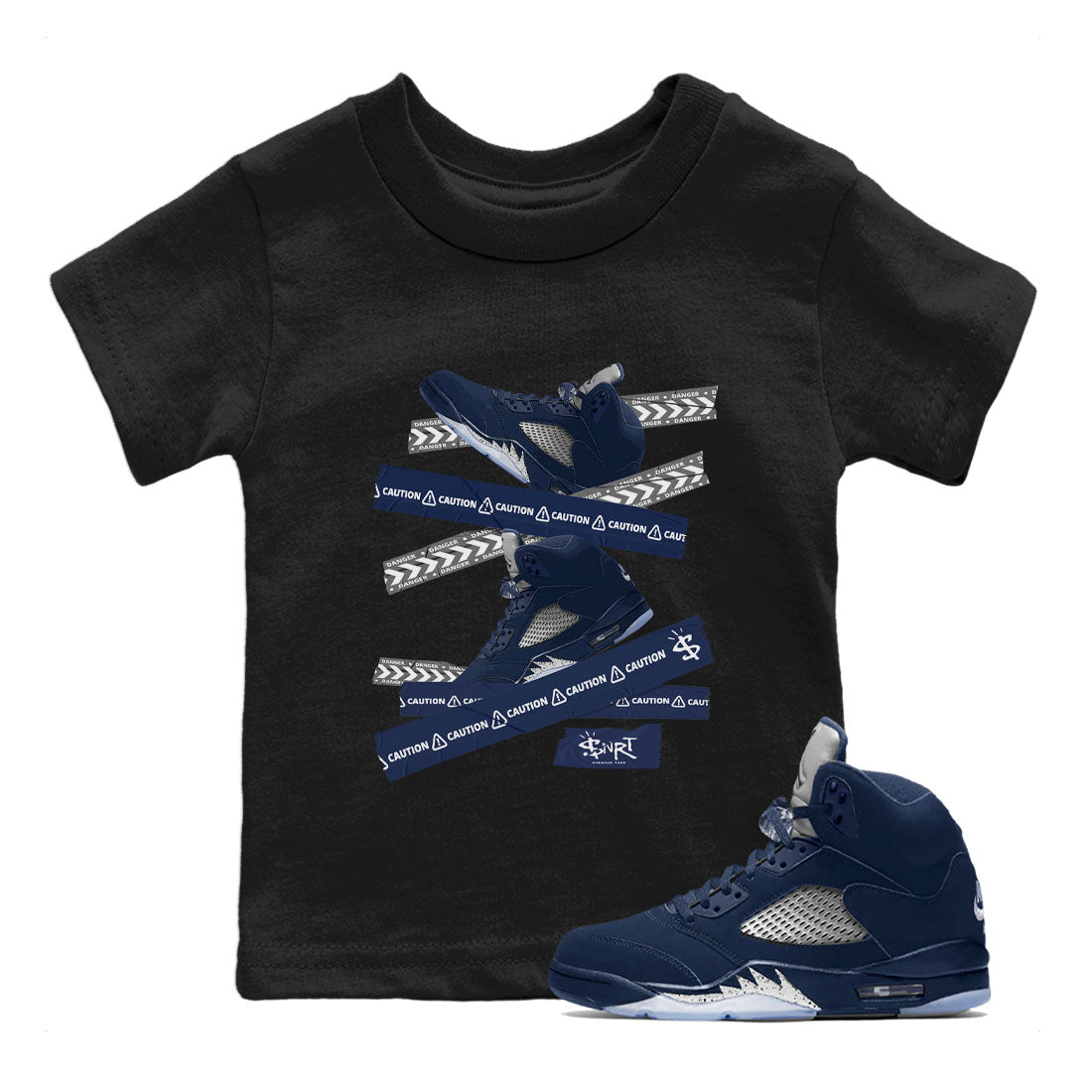 Air Jordan 5 Georgetown Sneaker Match Tees Caution Tape Sneaker Tees 5 Georgetown SNRT Sneaker Release Tees Navy 5s Kids Shirts Black 1