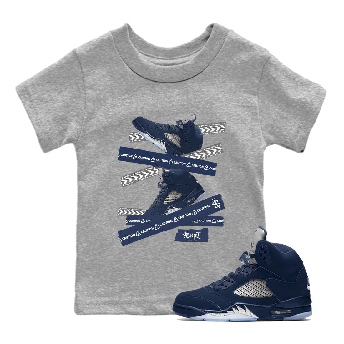 Air Jordan 5 Georgetown Sneaker Match Tees Caution Tape Sneaker Tees 5 Georgetown SNRT Sneaker Release Tees Navy 5s Kids Shirts Heather Grey 1