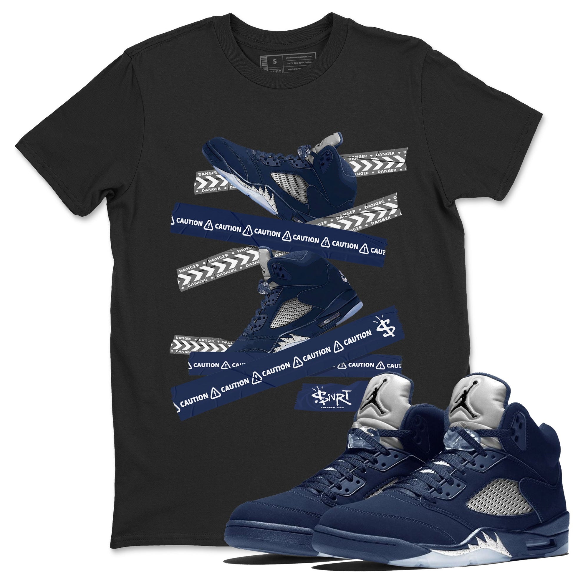 Air Jordan 5 Georgetown Sneaker Match Tees Caution Tape Sneaker Tees 5 Georgetown SNRT Sneaker Release Tees Navy 5s Unisex Shirts Black 1