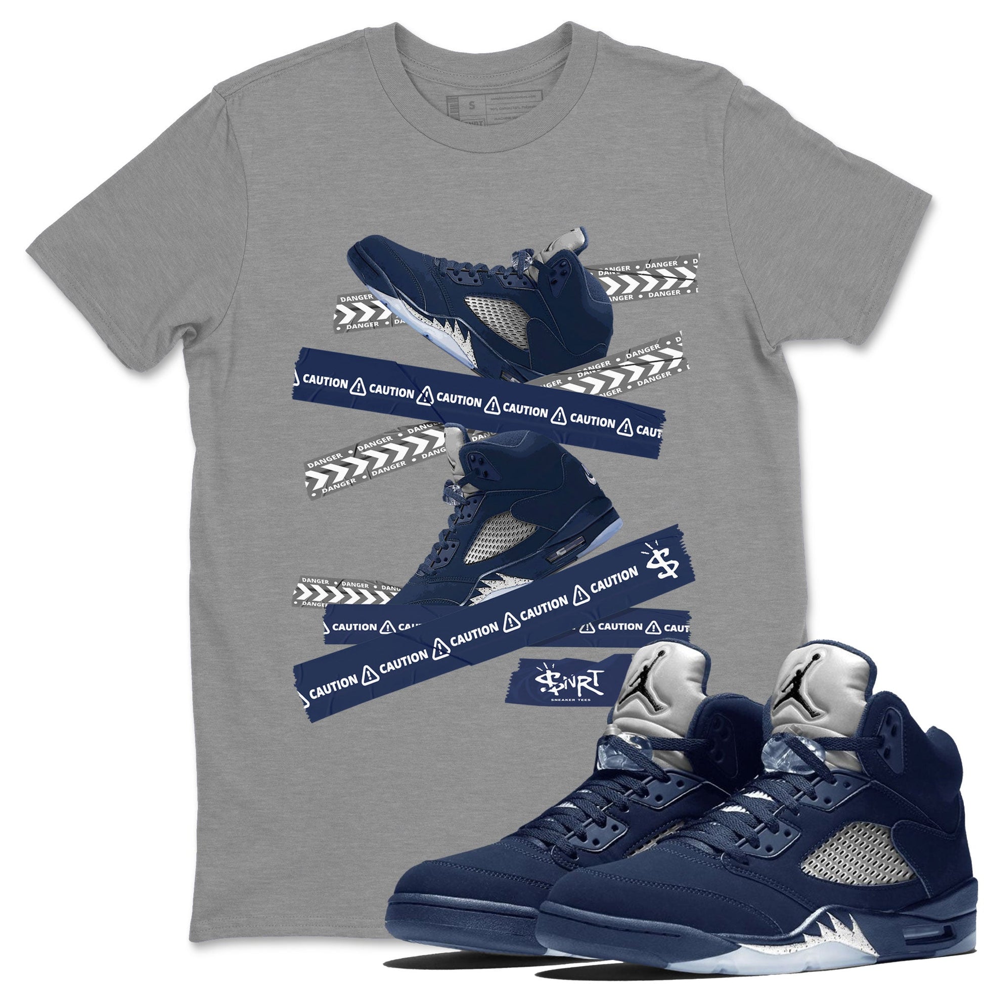 Air Jordan 5 Georgetown Sneaker Match Tees Caution Tape Sneaker Tees 5 Georgetown SNRT Sneaker Release Tees Navy 5s Unisex Shirts Heather Grey 1