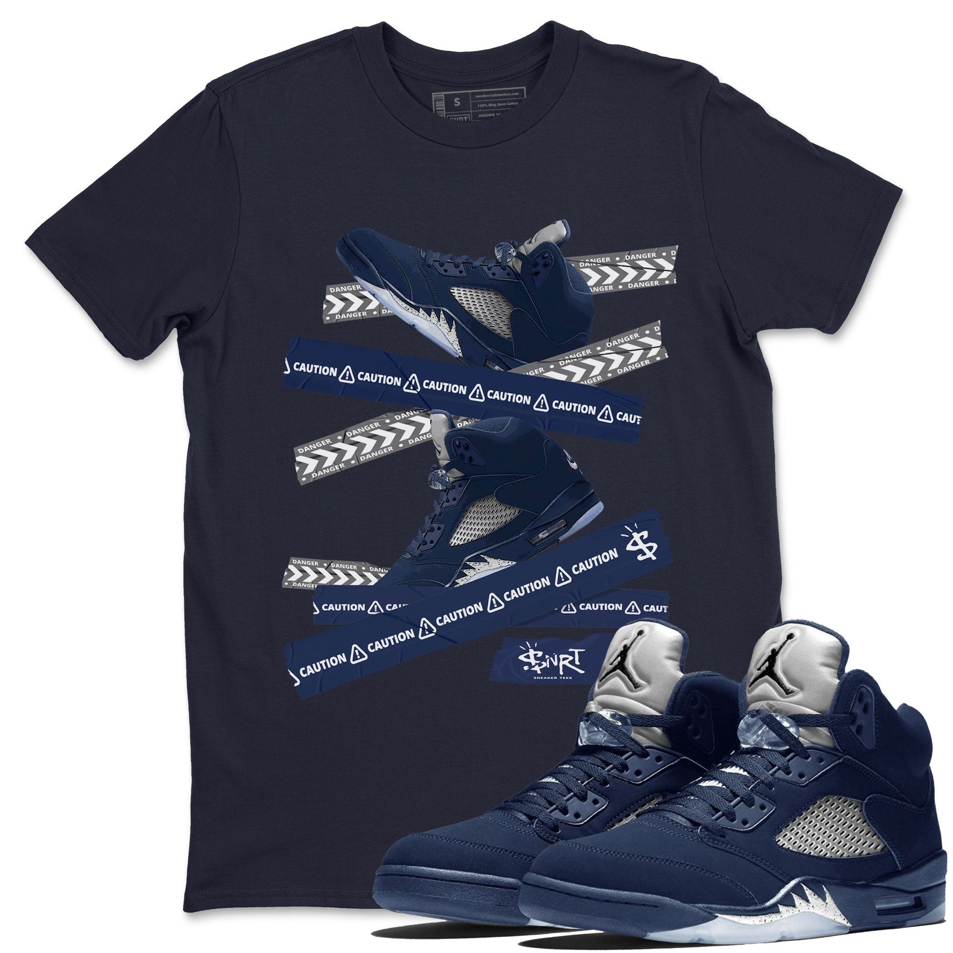 Air Jordan 5 Georgetown Sneaker Match Tees Caution Tape Sneaker Tees 5 Georgetown SNRT Sneaker Release Tees Navy 5s Unisex Shirts Navy 1