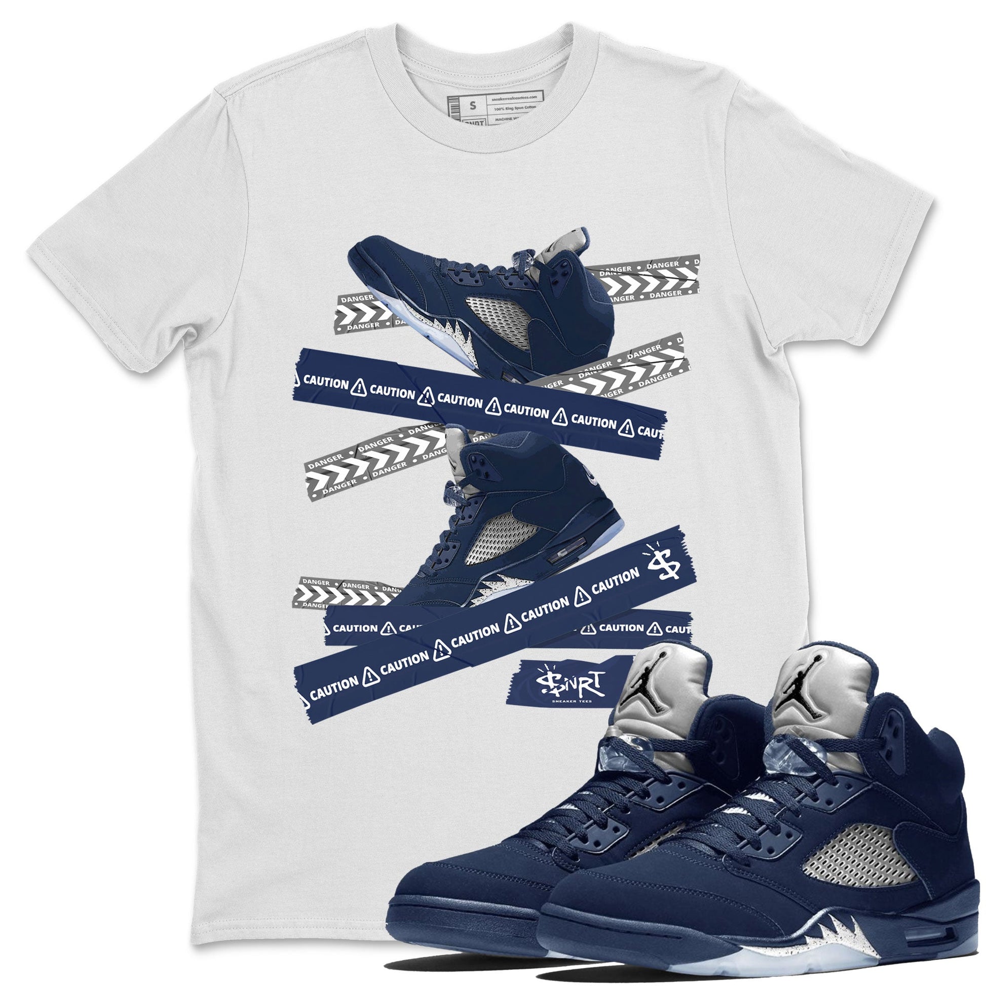Air Jordan 5 Georgetown Sneaker Match Tees Caution Tape Sneaker Tees 5 Georgetown SNRT Sneaker Release Tees Navy 5s Unisex Shirts White 1