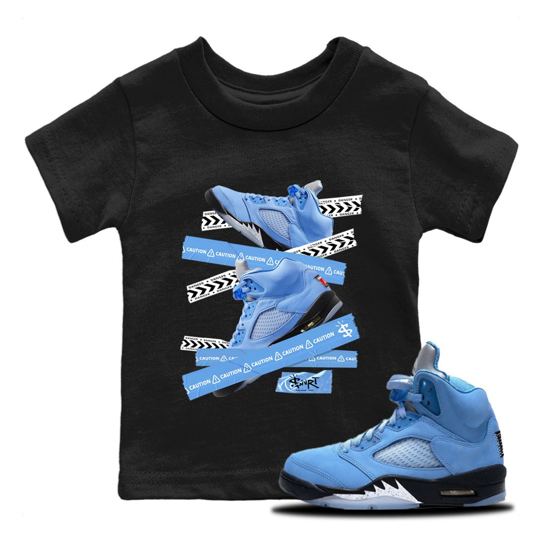 Jordan 5 UNC Jordan Shirts Caution Tape Sneaker Tees Air Jordan 5 Retro UNC Sneaker Release Tees Kids Shirts Black 1