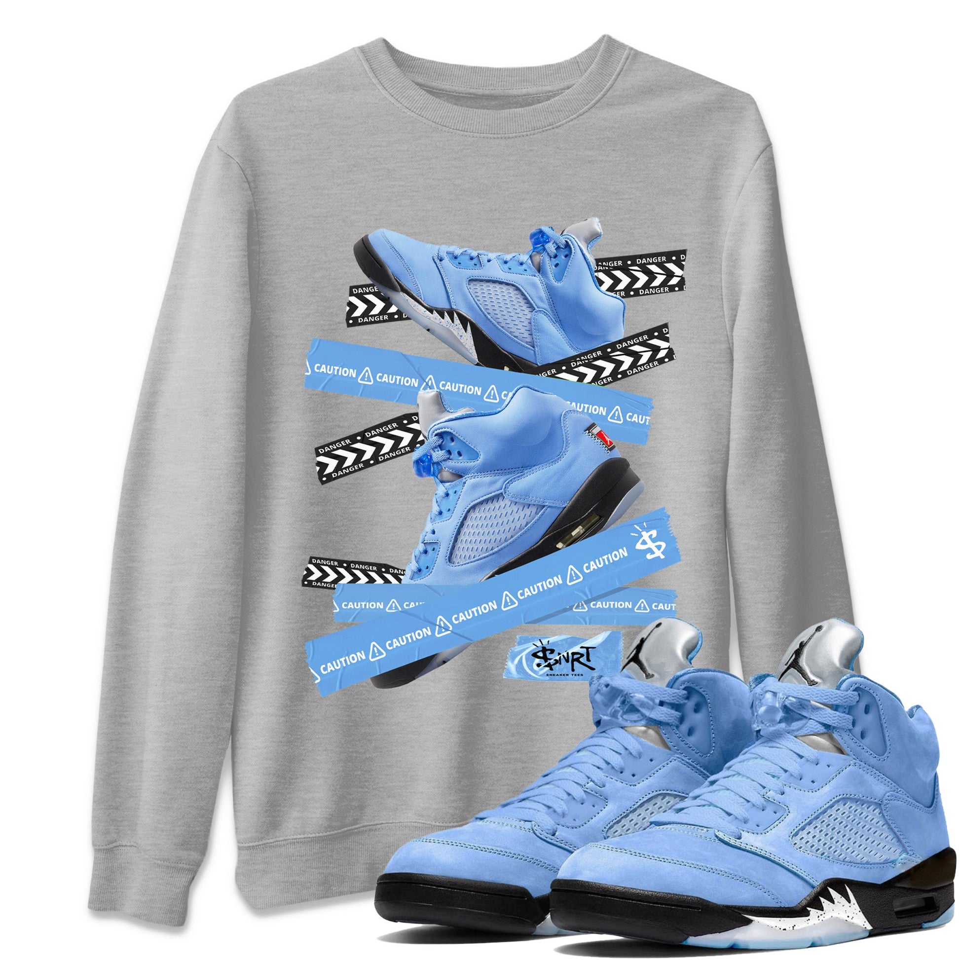 Jordan 5 UNC Jordan Shirts Caution Tape Sneaker Tees Air Jordan 5 UNC SNRT Sneaker Tees Unisex Shirts Heather Grey 1