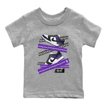 Caution Tape sneaker match tees to Court Purple Dunks street fashion brand for shirts to match Jordans SNRT Sneaker Tees Dunk Low Court Purple unisex t-shirt Heather Grey 2 youth shirt