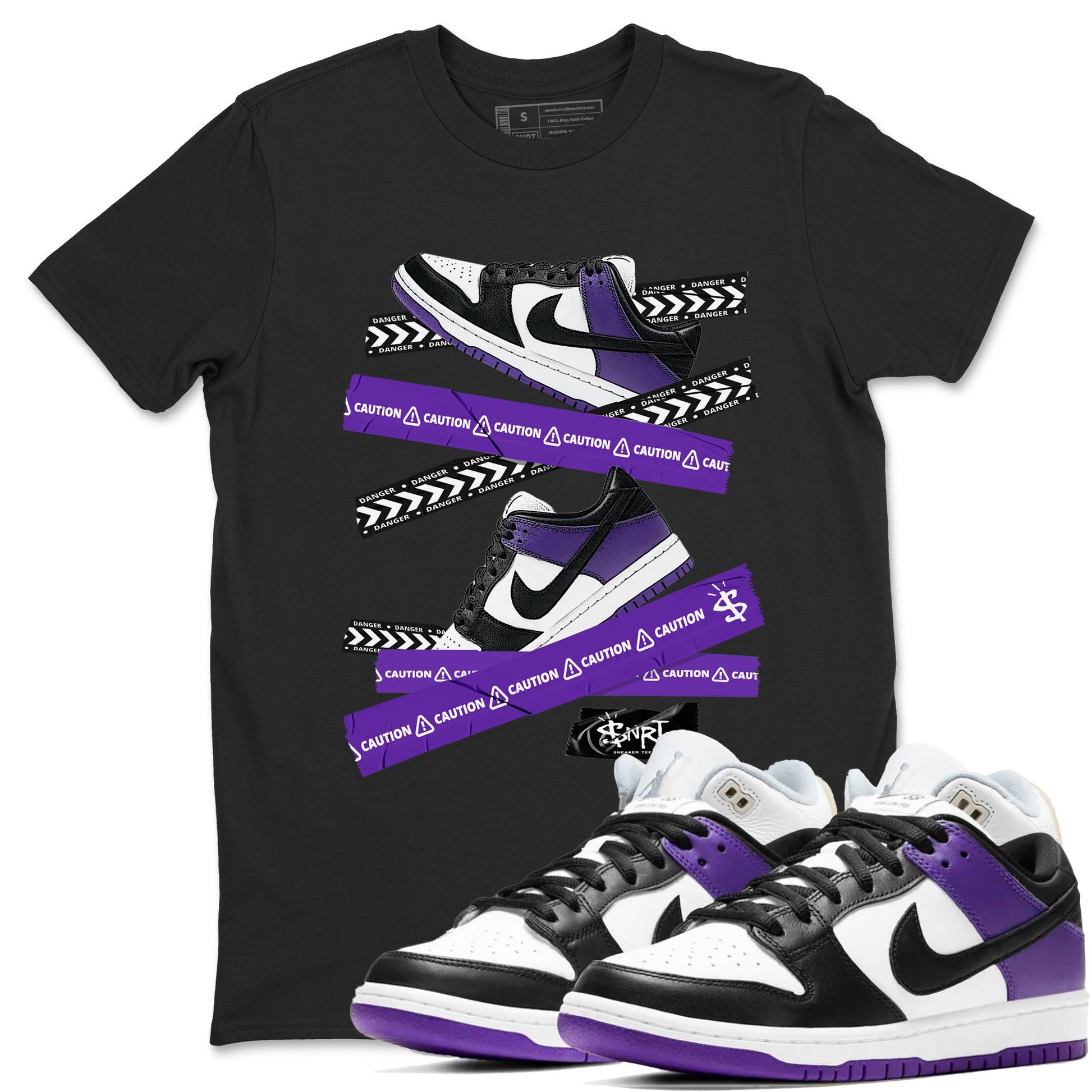 Caution Tape sneaker match tees to Court Purple Dunks street fashion brand for shirts to match Jordans SNRT Sneaker Tees Dunk Low Court Purple unisex t-shirt Black 1 unisex shirt