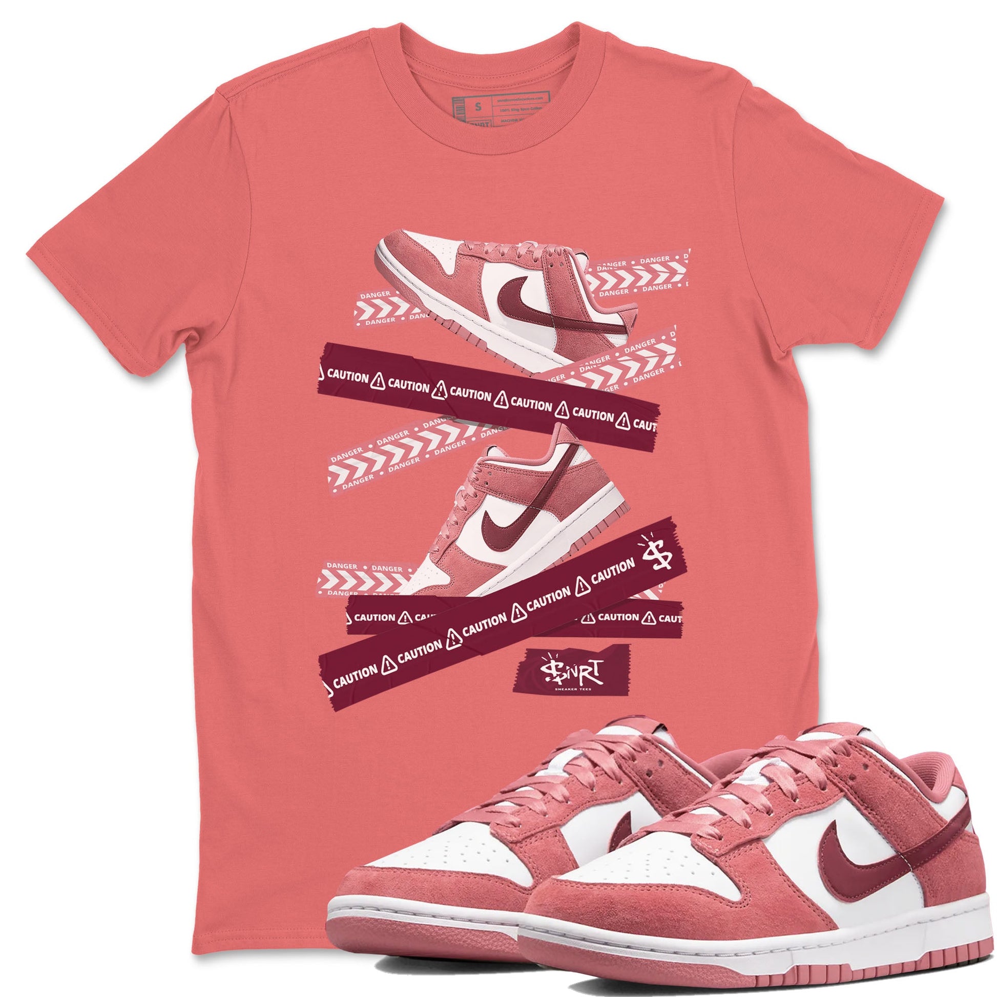 Dunk Valentine's Day shirt to match jordans Caution Tape sneaker tees Dunks Valentine's Day SNRT sneaker Release Tees unisex cotton Coral 1 crew neck shirt
