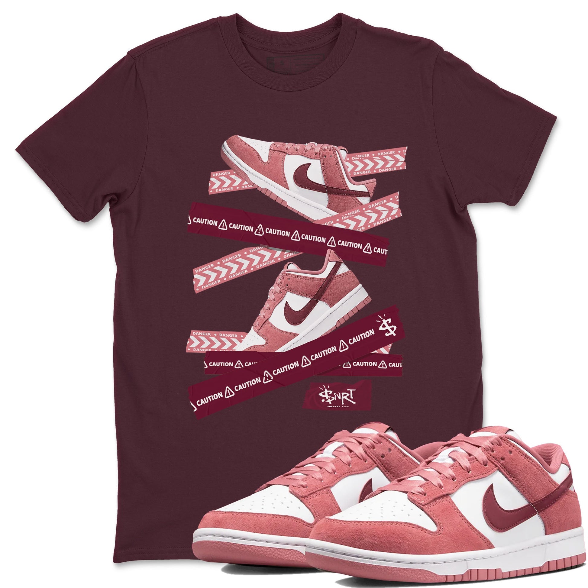 Dunk Valentine's Day shirt to match jordans Caution Tape sneaker tees Dunks Valentine's Day SNRT sneaker Release Tees unisex cotton Maroon 1 crew neck shirt