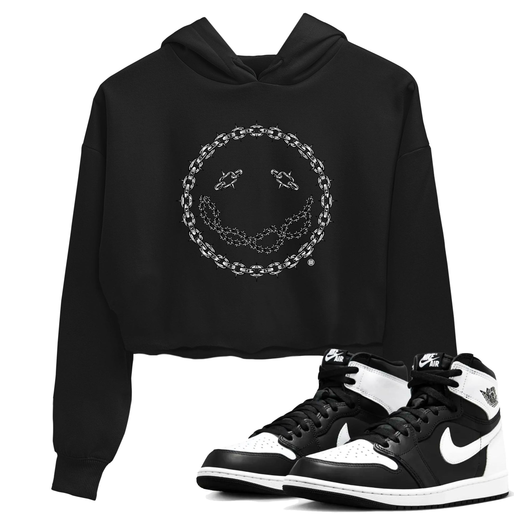 Air Jordan 1 High OG Black White shirt to match jordans Chain Smile sneaker tees 1s Black White SNRT Sneaker Release Tees Streetwear Black 1 crop length shirt