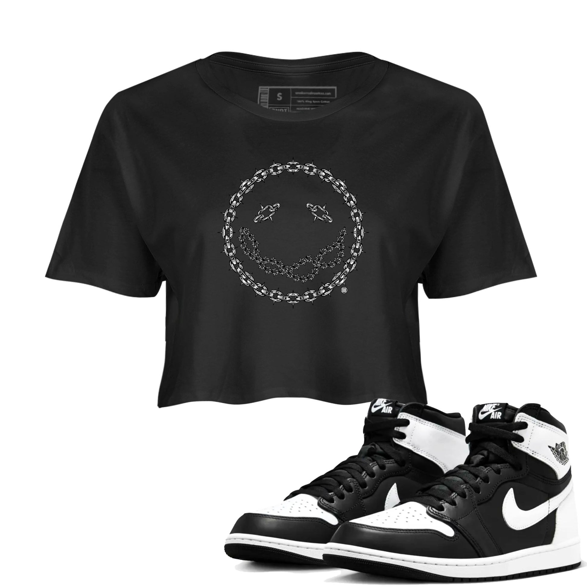 Air Jordan 1 High OG Black White shirt to match jordans Chain Smile sneaker tees 1s Black White SNRT Sneaker Release Tees Streetwear Black 1 crop length shirt