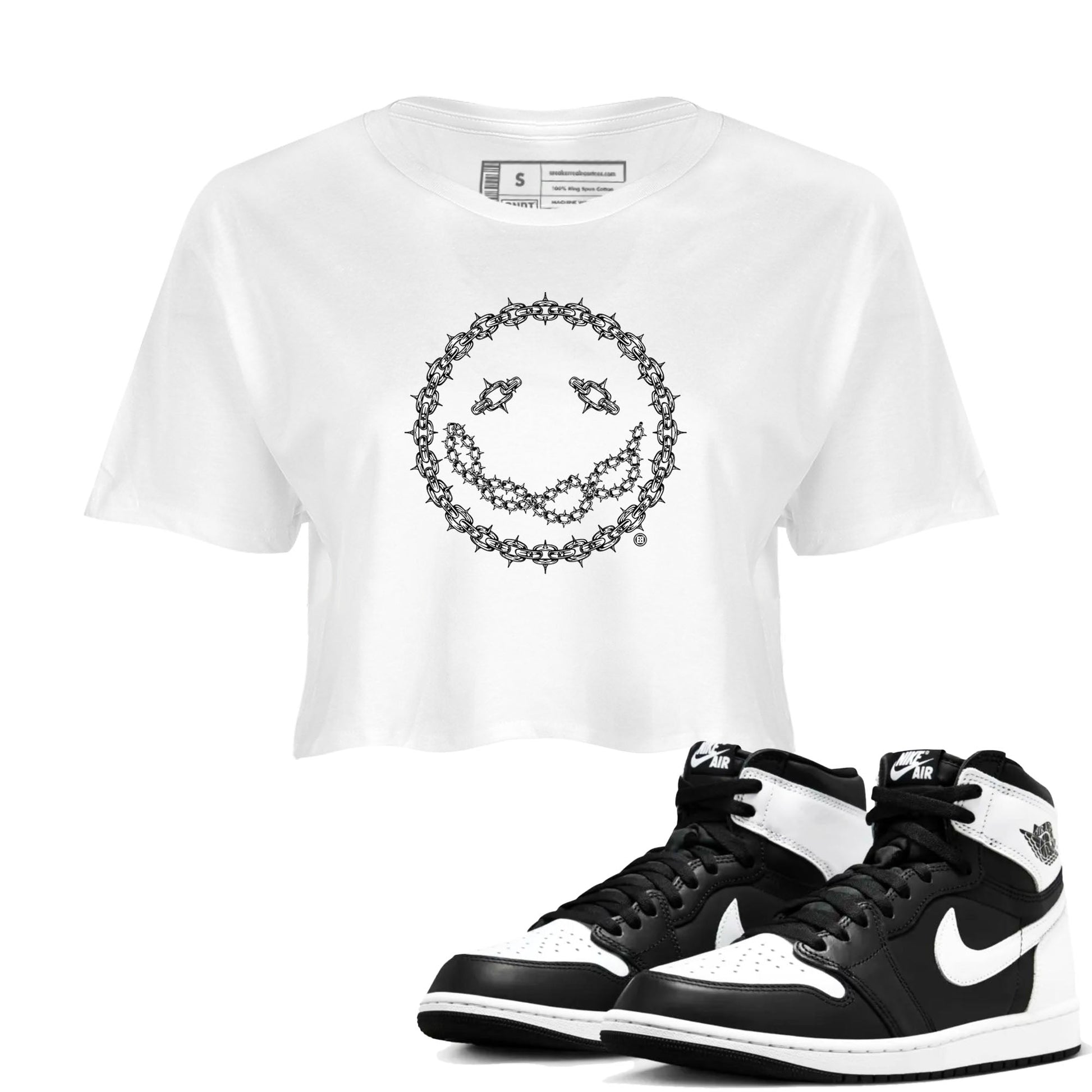 Air Jordan 1 High OG Black White shirt to match jordans Chain Smile sneaker tees 1s Black White SNRT Sneaker Release Tees Streetwear White 1 crop length shirt