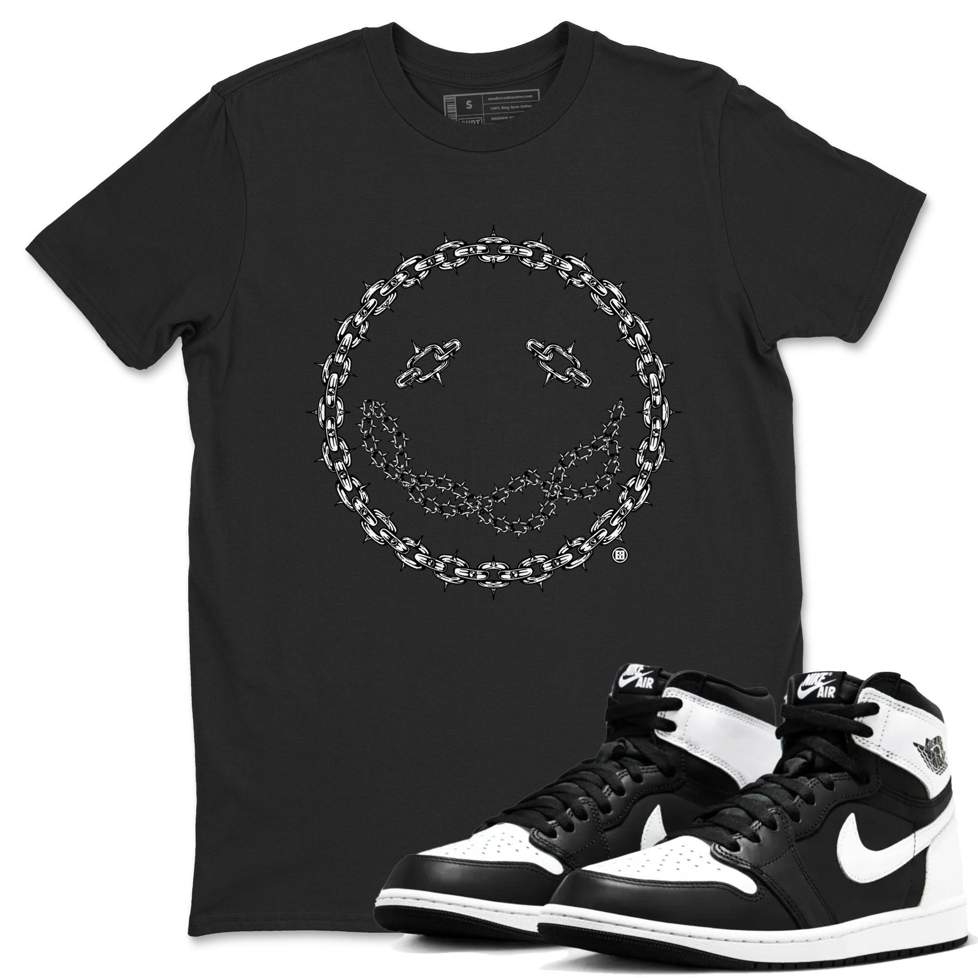 Air Jordan 1 High OG Black White shirt to match jordans Chain Smile sneaker tees 1s Black White SNRT Sneaker Release Tees Streetwear unisex cotton Black 1 crew neck shirt