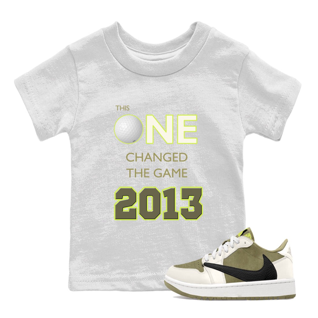 Air Jordan 1 Low X Travis Scott Golf Olive shirt to match jordans Changed The Game sneaker tees Air Jordan 1 Travis Scott Golf Olive SNRT Sneaker Release Tees Baby Toddler White 1 T-Shirt